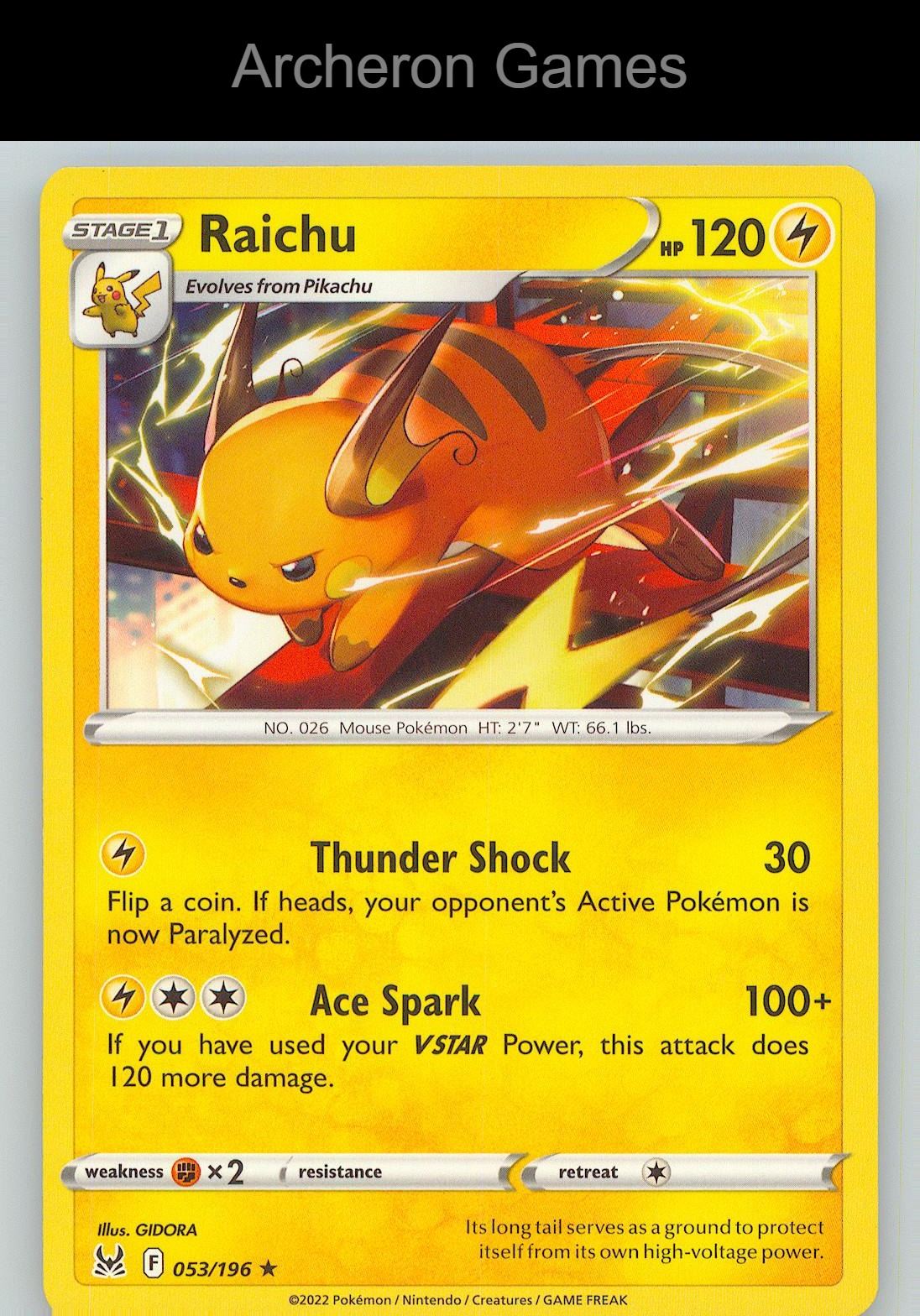 Pokemon Card Raichu LOR 053/196 R Lost Origin