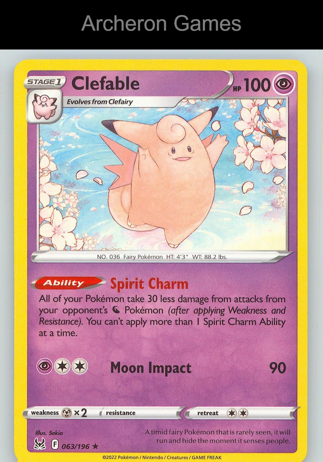 Pokemon Card Clefable LOR 063/196 R Lost Origin