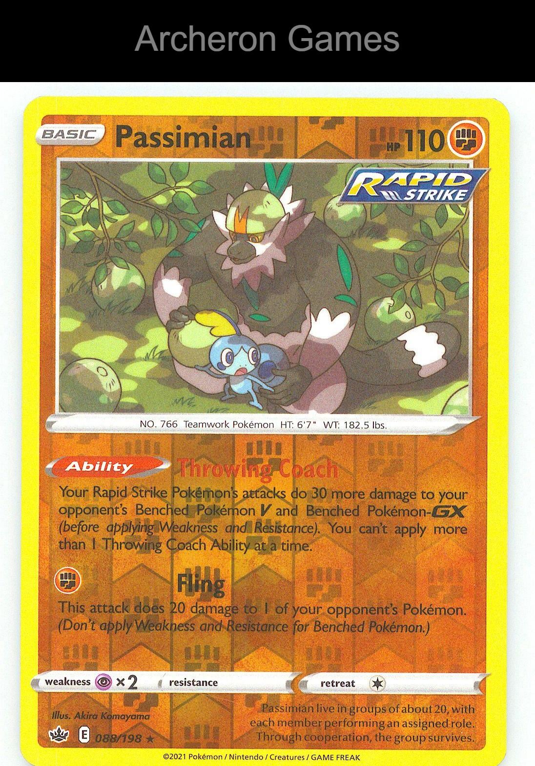 Pokemon Card Passimian CRE 088/198 R Chilling Reign Reverse Holo