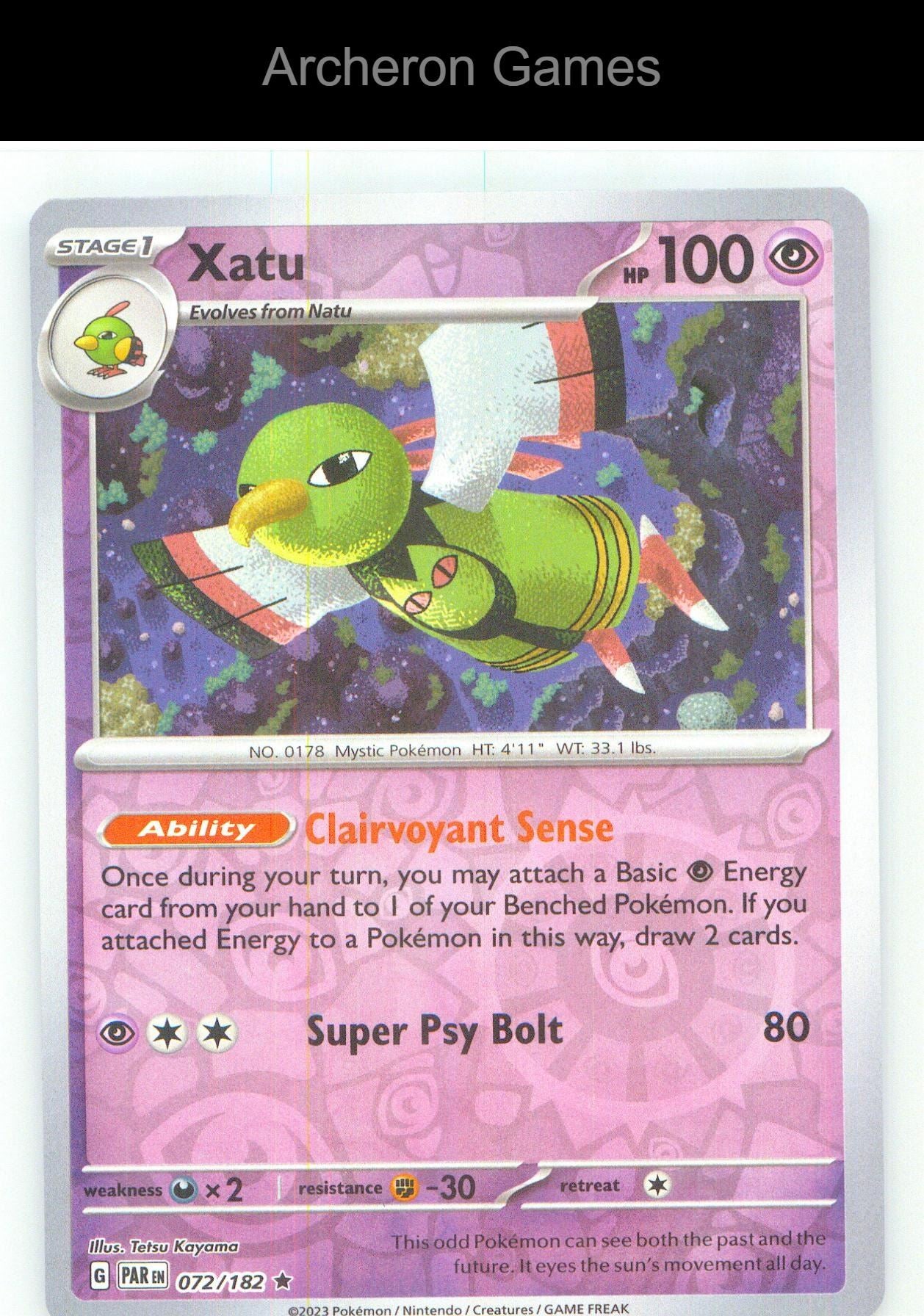 Pokemon Card Xatu PAR 072/182 R Paradox Rift Reverse Holo
