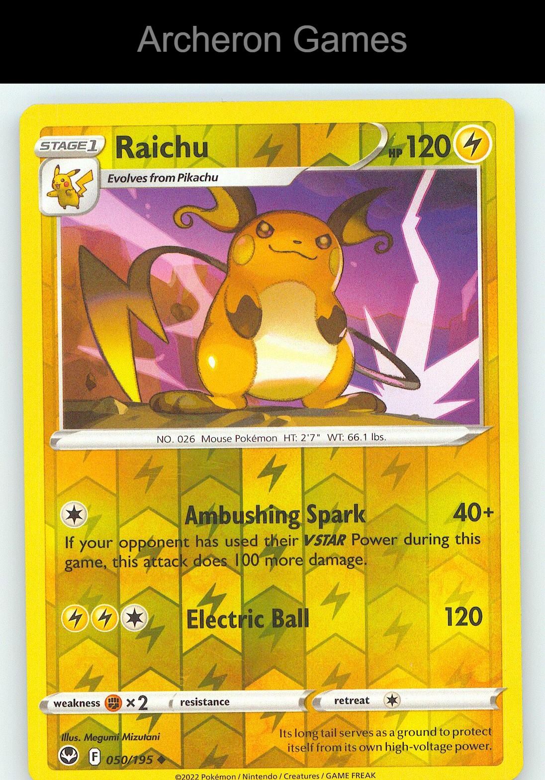 Pokemon Card Raichu SIT 050/195 UC Silver Tempest Reverse Holo