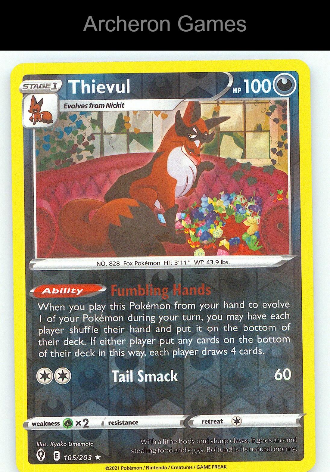 Pokemon Card Thievul EVS 105/203 R Evolving Skies Reverse Holo