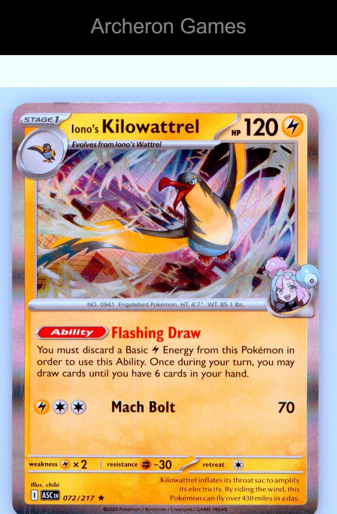 Pokemon Card Iono's Kilowattrel ASC 072/217 R Ascended Heroes Holo