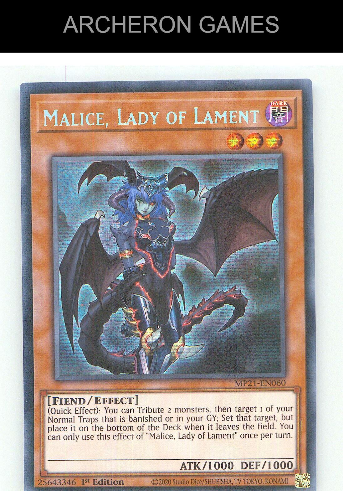 Malice, Lady of Lament Prismatic Secret Rare YUGIOH Card 1st Edition