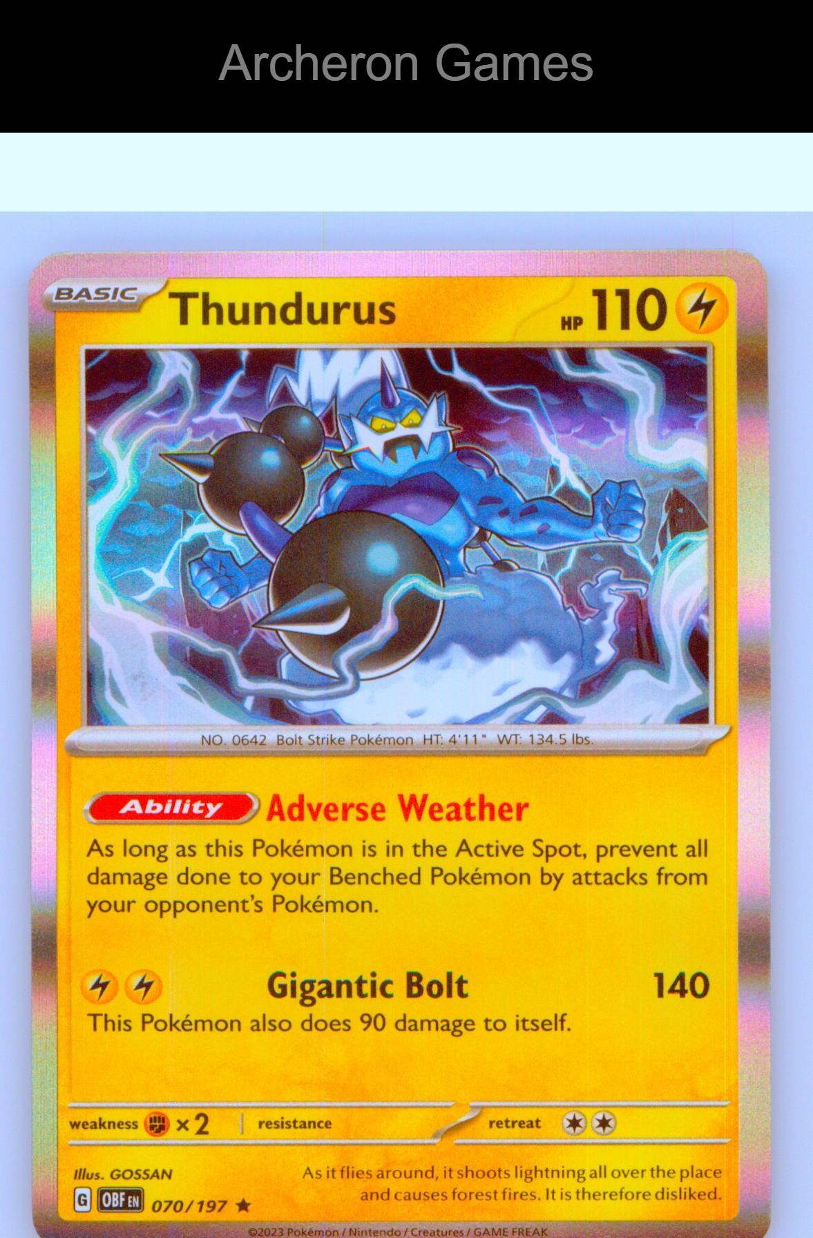Pokemon Card Thundurus OBF 070/197 R Obsidian Flames Holo