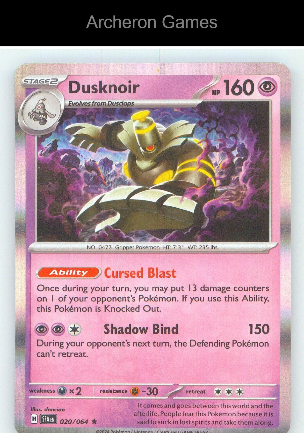 Pokemon Card Dusknoir SFA 020/064 R Shrouded Fable Holo