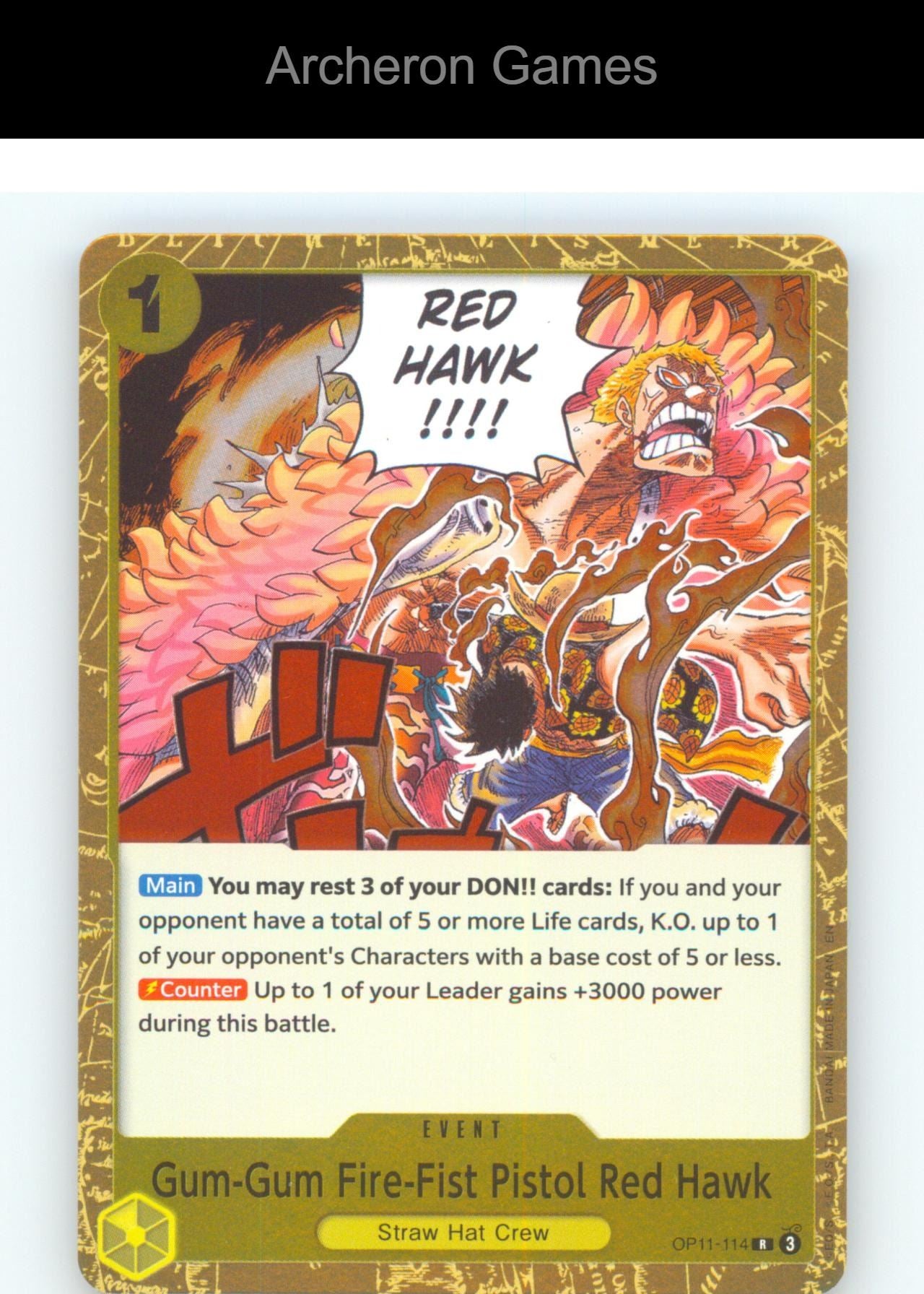 Gum-Gum Fire-Fist Pistol Red Hawk OP11-114 R One Piece Card NM/EX+ Foil