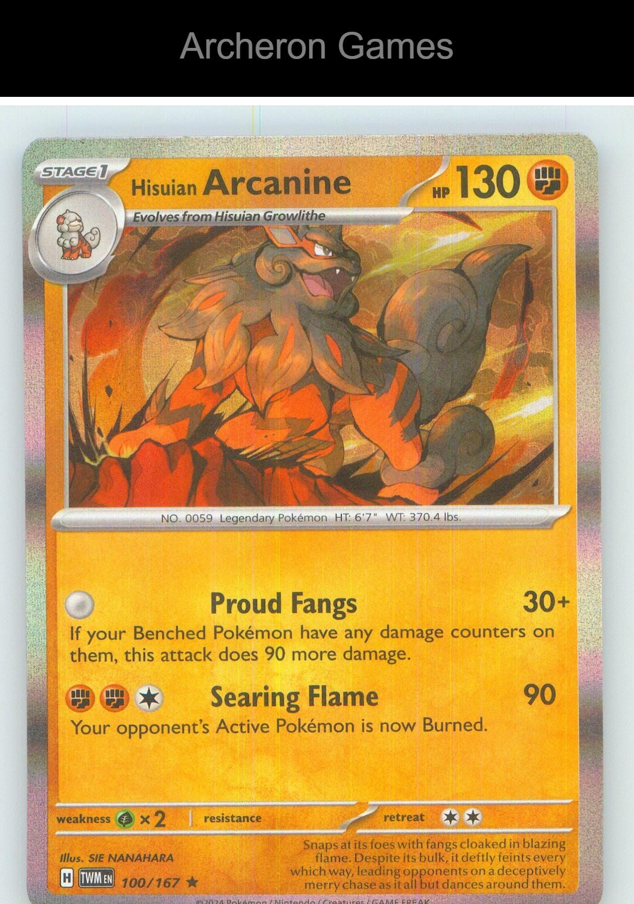 Pokemon Card Hisuian Arcanine TWM 100/167 R Twilight Masquerade Holo