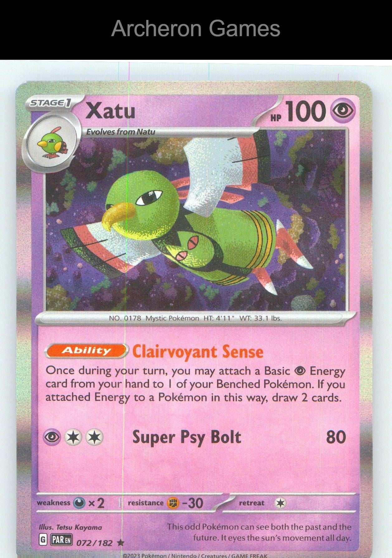 Pokemon Card Xatu PAR 072/182 R Paradox Rift Holo