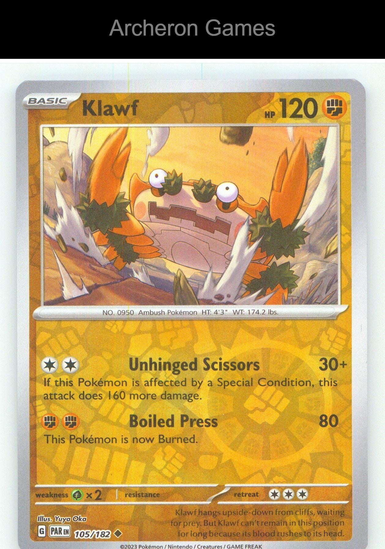 Pokemon Card Klawf PAR 105/182 UC Paradox Rift Reverse Holo