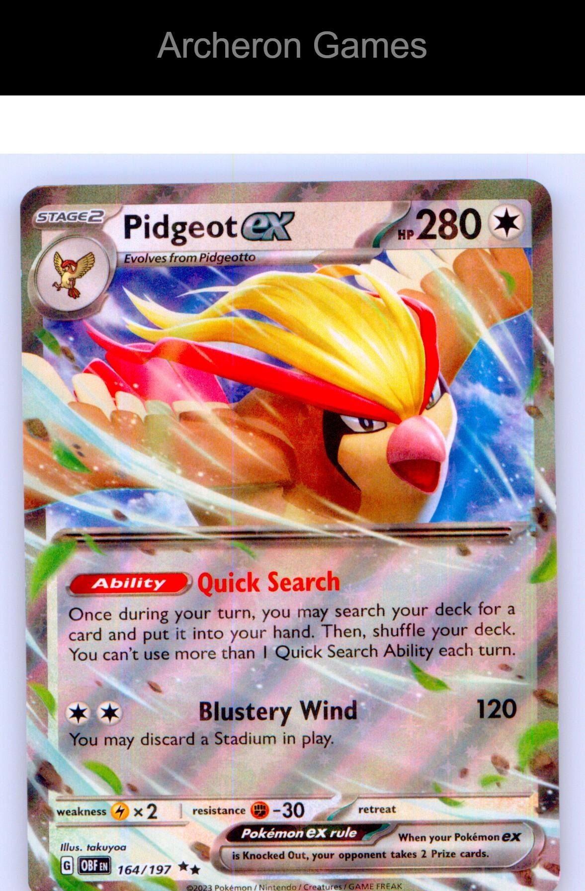 Pokemon Card Pidgeot ex OBF 164/197 Double Rare Obsidian Flames Holo