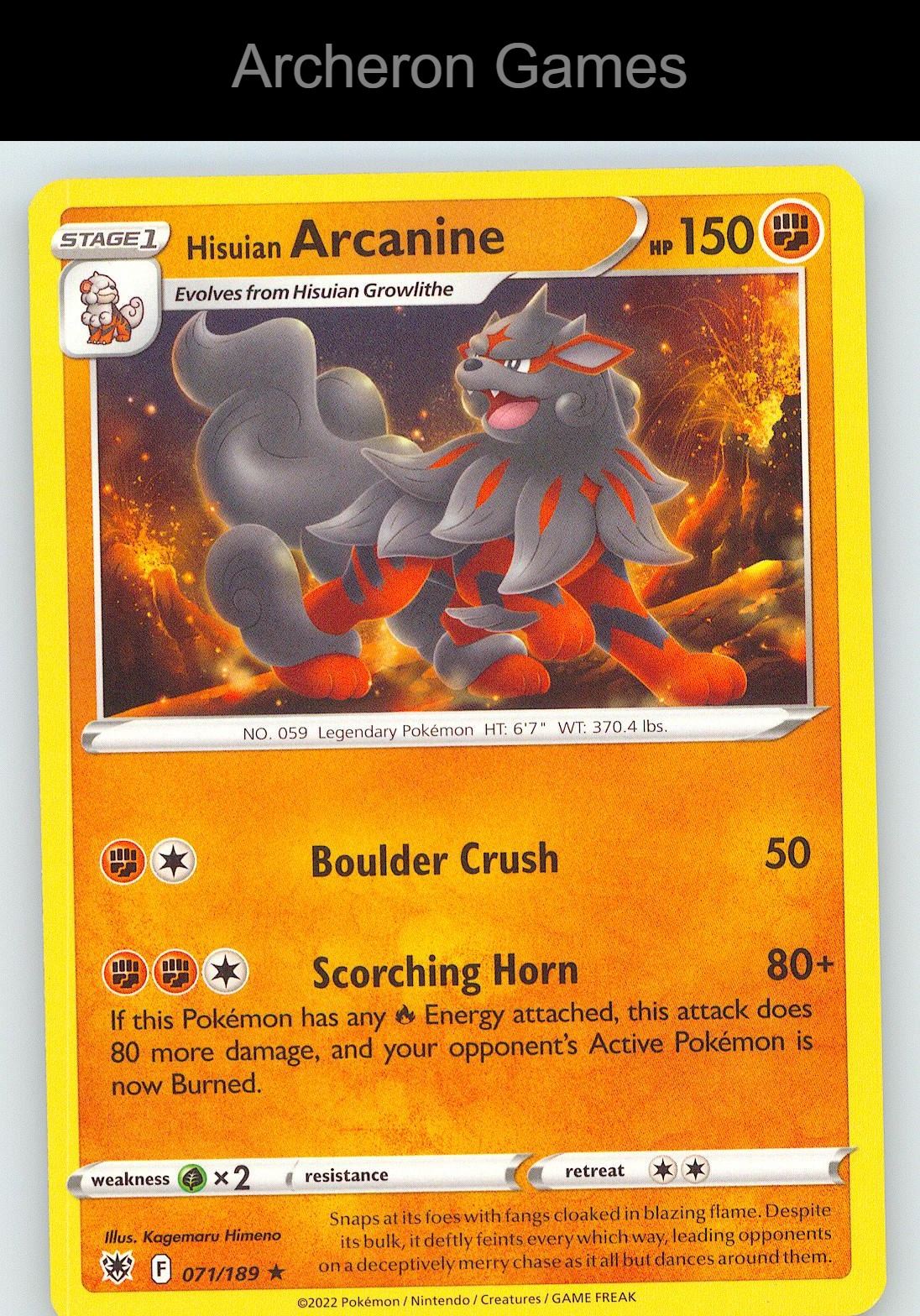 Pokemon Card Hisuian Arcanine ASR 071/189 R Astral Radiance