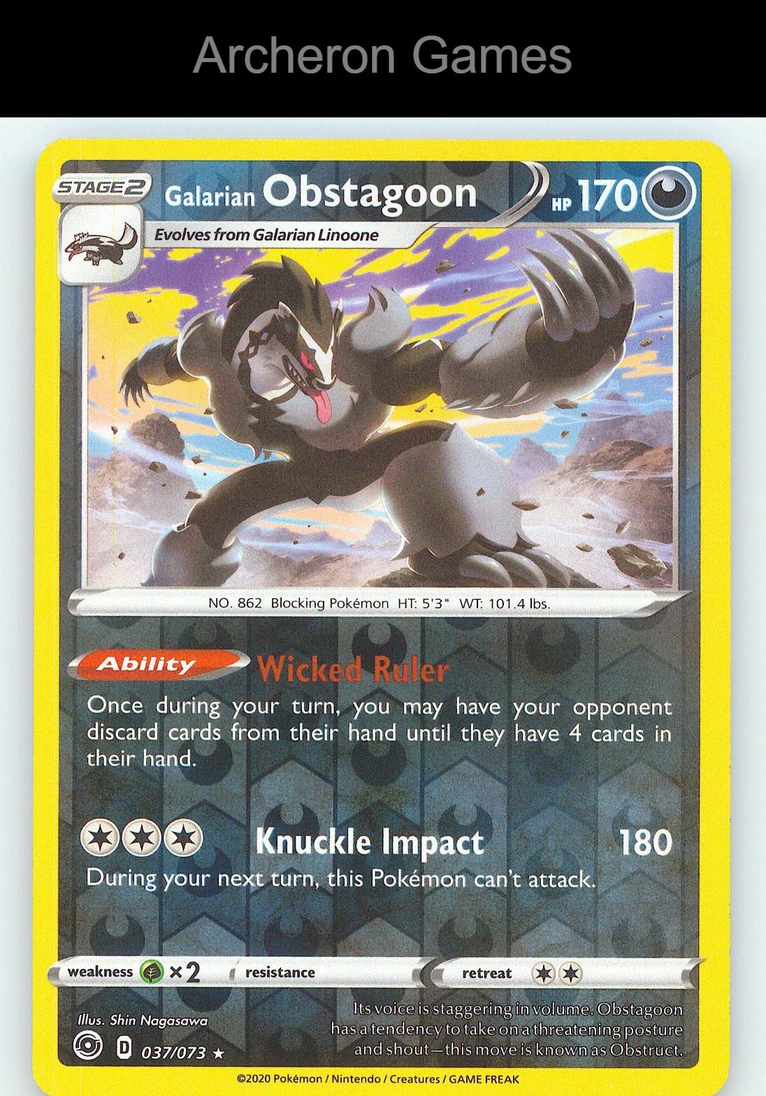 Pokemon Card Galarian Obstagoon CPA 037/073 R Champion's Path Reverse Holo