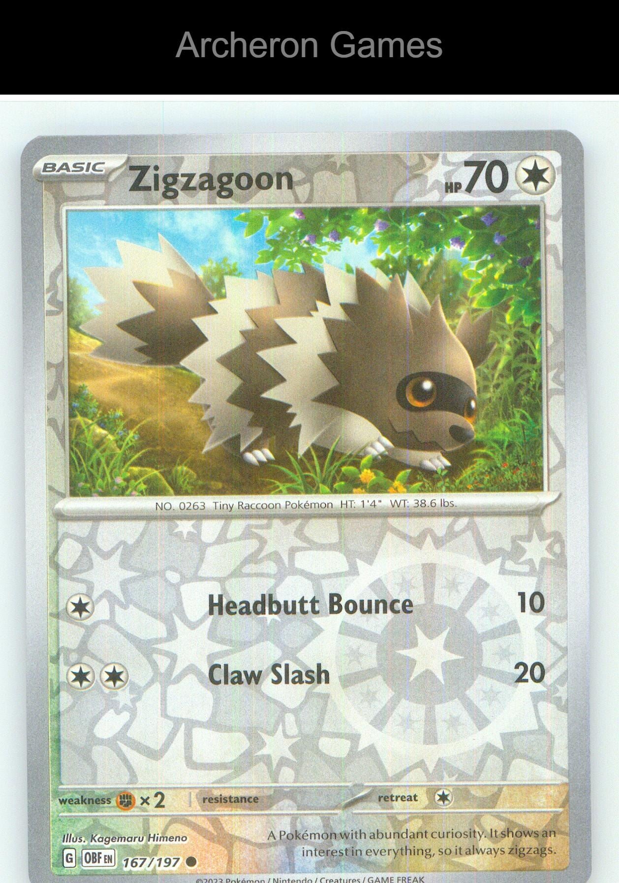 Pokemon Card Zigzagoon OBF 167/197 C Obsidian Flames Reverse Holo