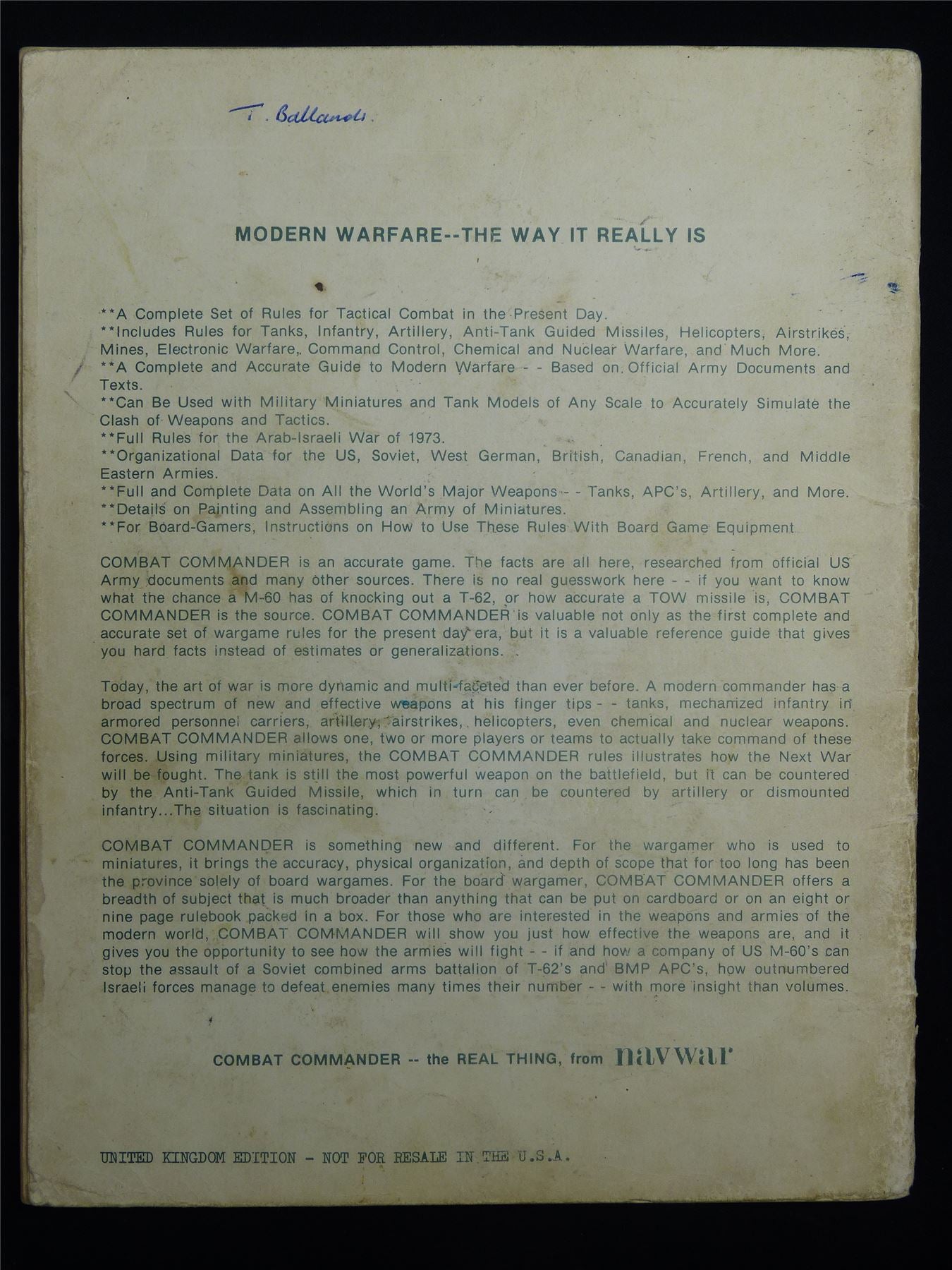 Combat Commander 1973-1983: Tactical Combat with Military Miniatures by navwar - Rulebook Softback #BH