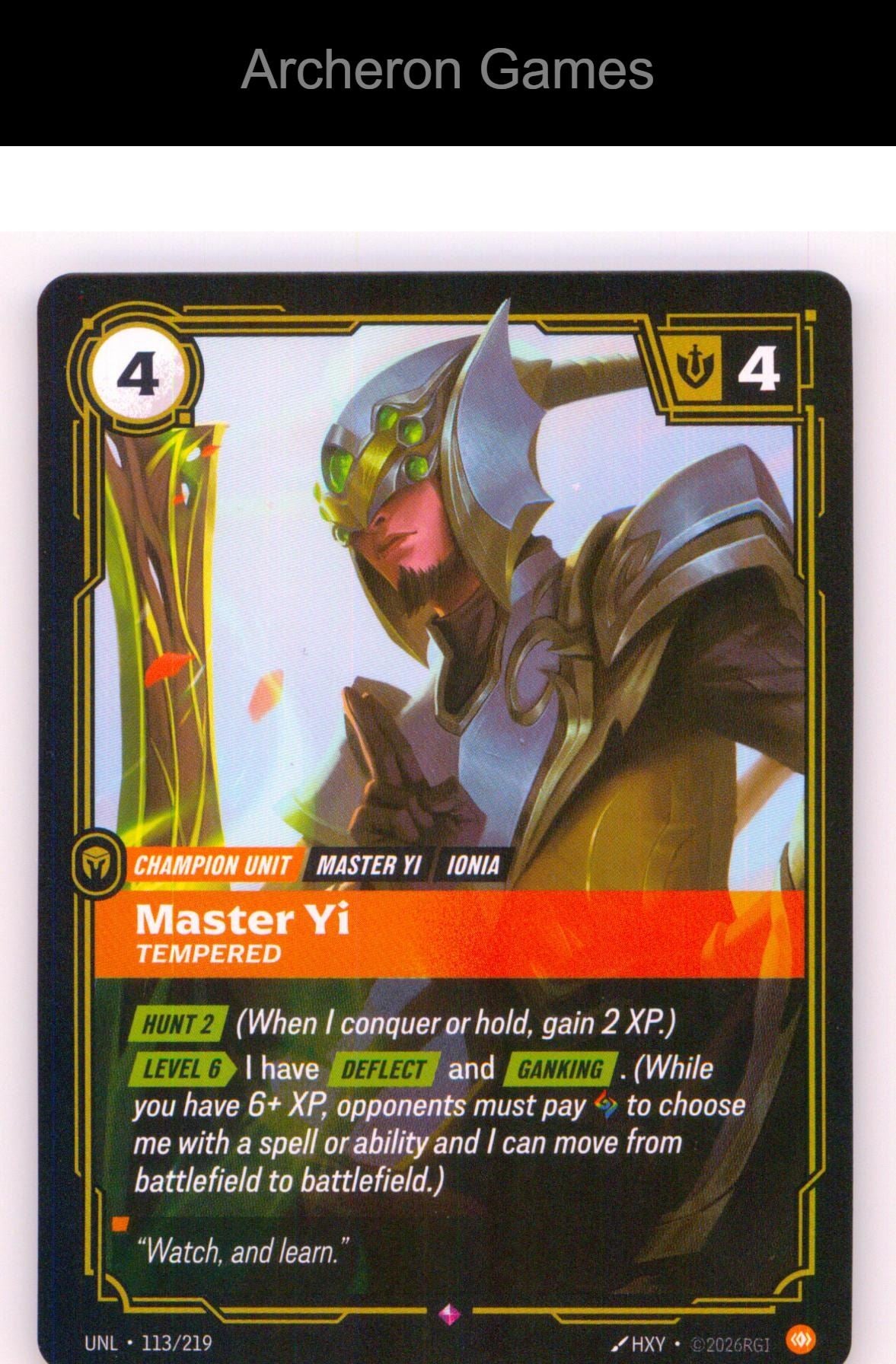 Master Yi - Tempered UNL 113/219 R Unleashed Riftbound Card