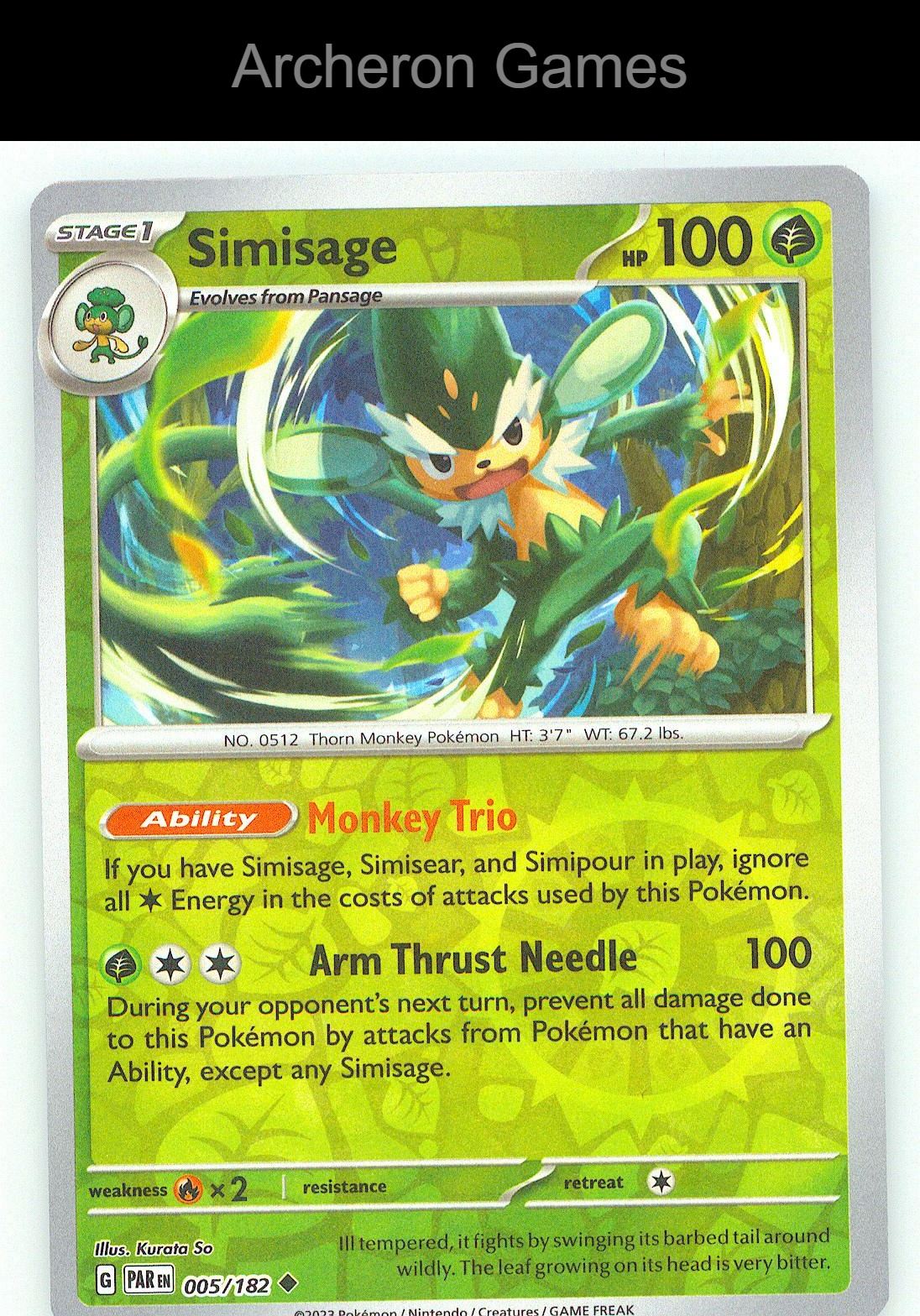 Pokemon Card Simisage PAR 005/182 UC Paradox Rift Reverse Holo