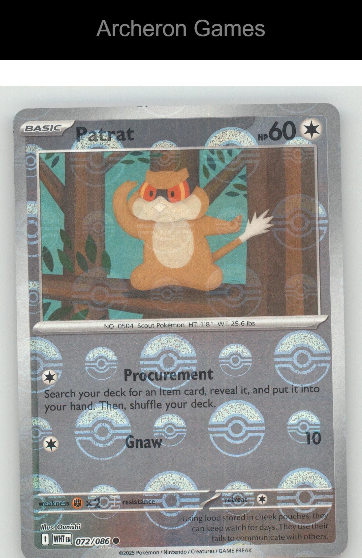 Pokemon Card Patrat (Master Ball Pattern) WHT 072/086 C White Flare Holo