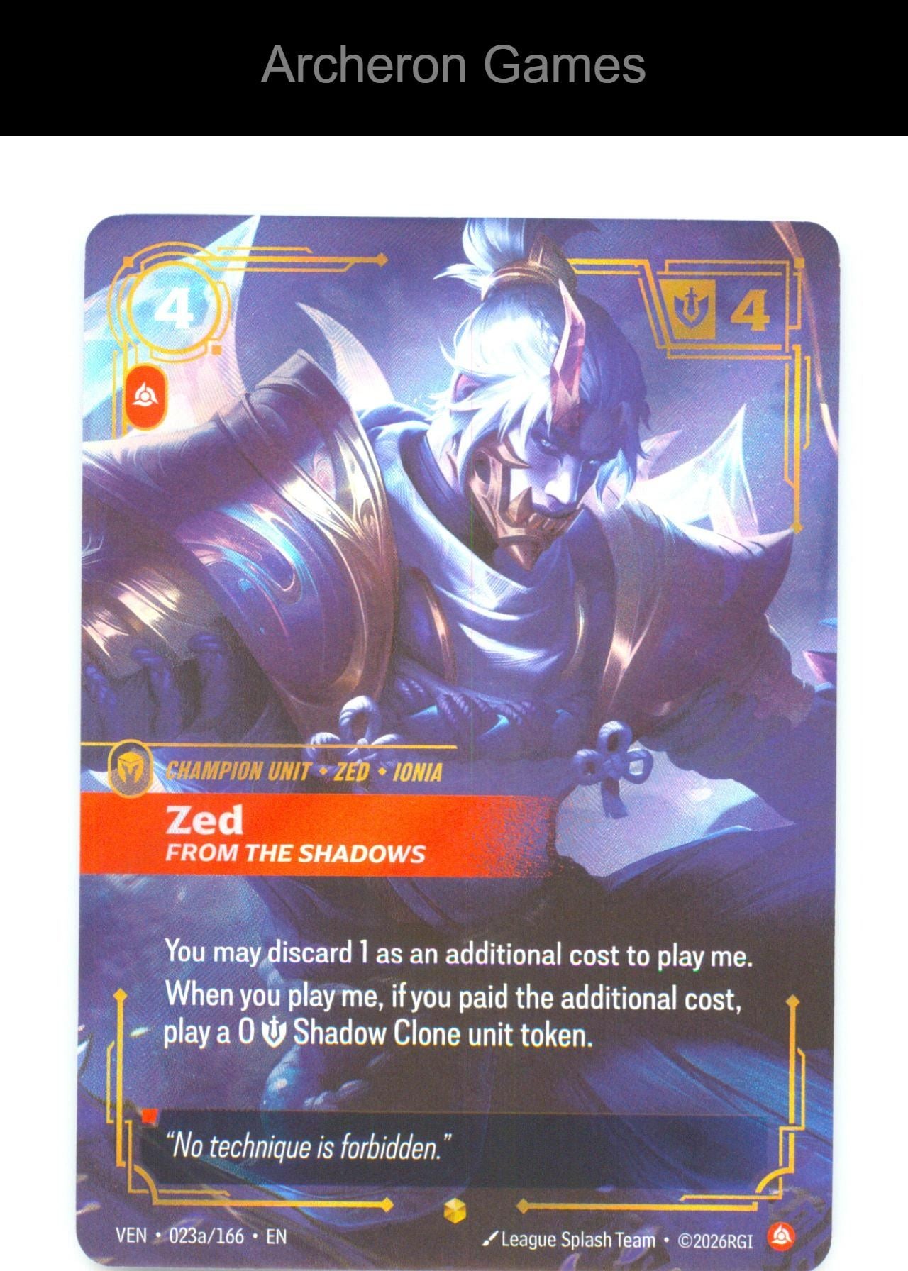 Zed - From the Shadows (Alternate Art) VEN 023a/166 Vendetta Riftbound Card Foil