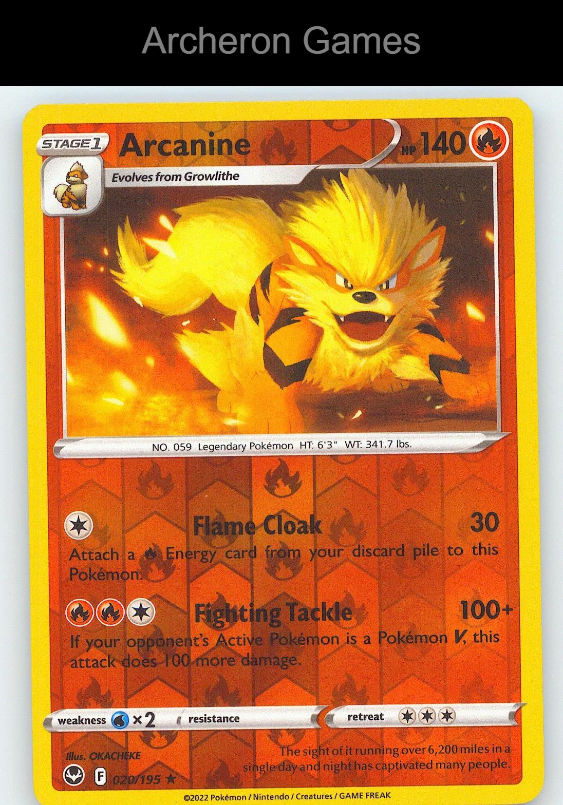 Pokemon Card Arcanine SIT 020/195 R Silver Tempest Reverse Holo