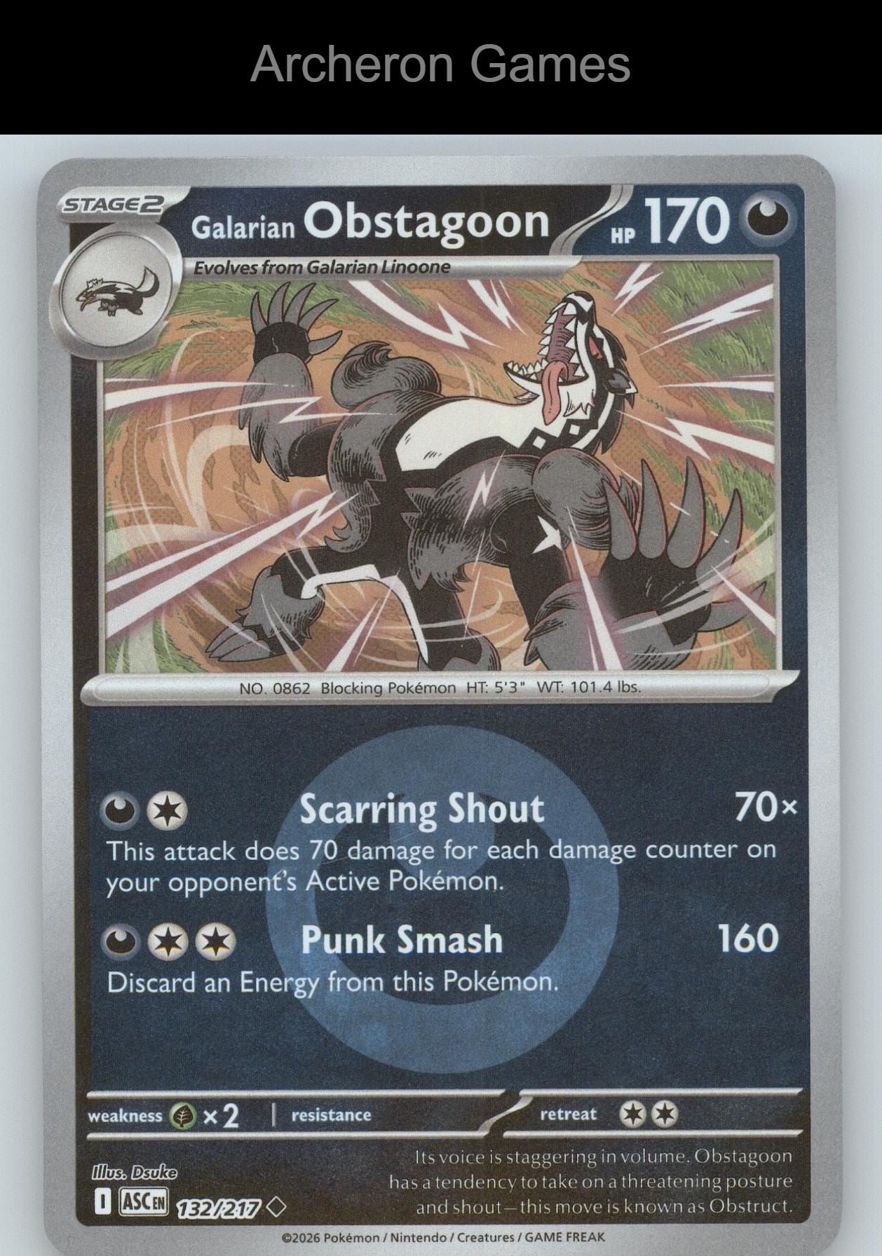 Pokemon Card Galarian Obstagoon (Energy Symbol Pattern) ASC 132/217 Reverse Holo