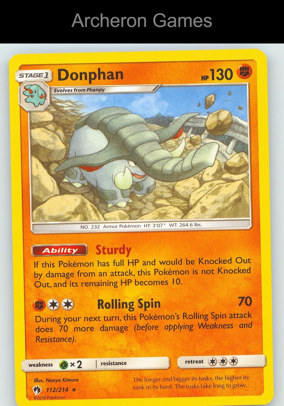 Pokemon Card Donphan LOT 112/214 R Lost Thunder