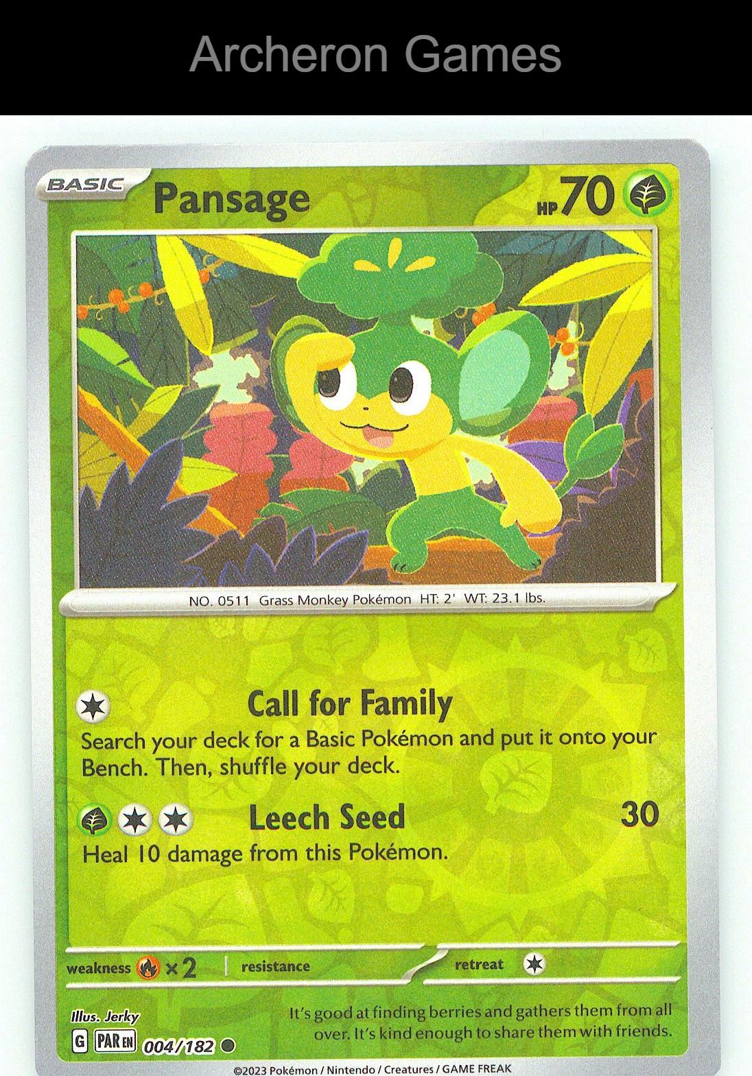 Pokemon Card Pansage PAR 004/182 C Paradox Rift Reverse Holo