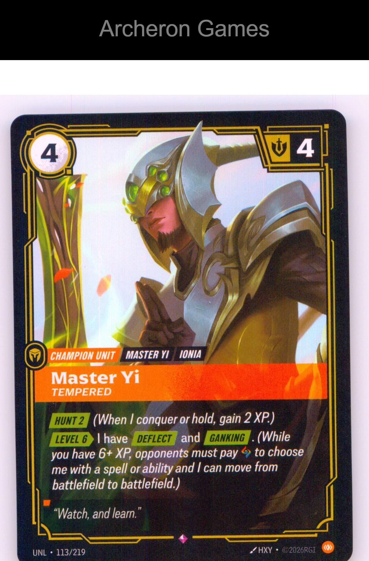 Master Yi - Tempered UNL 113/219 R Unleashed Riftbound Card