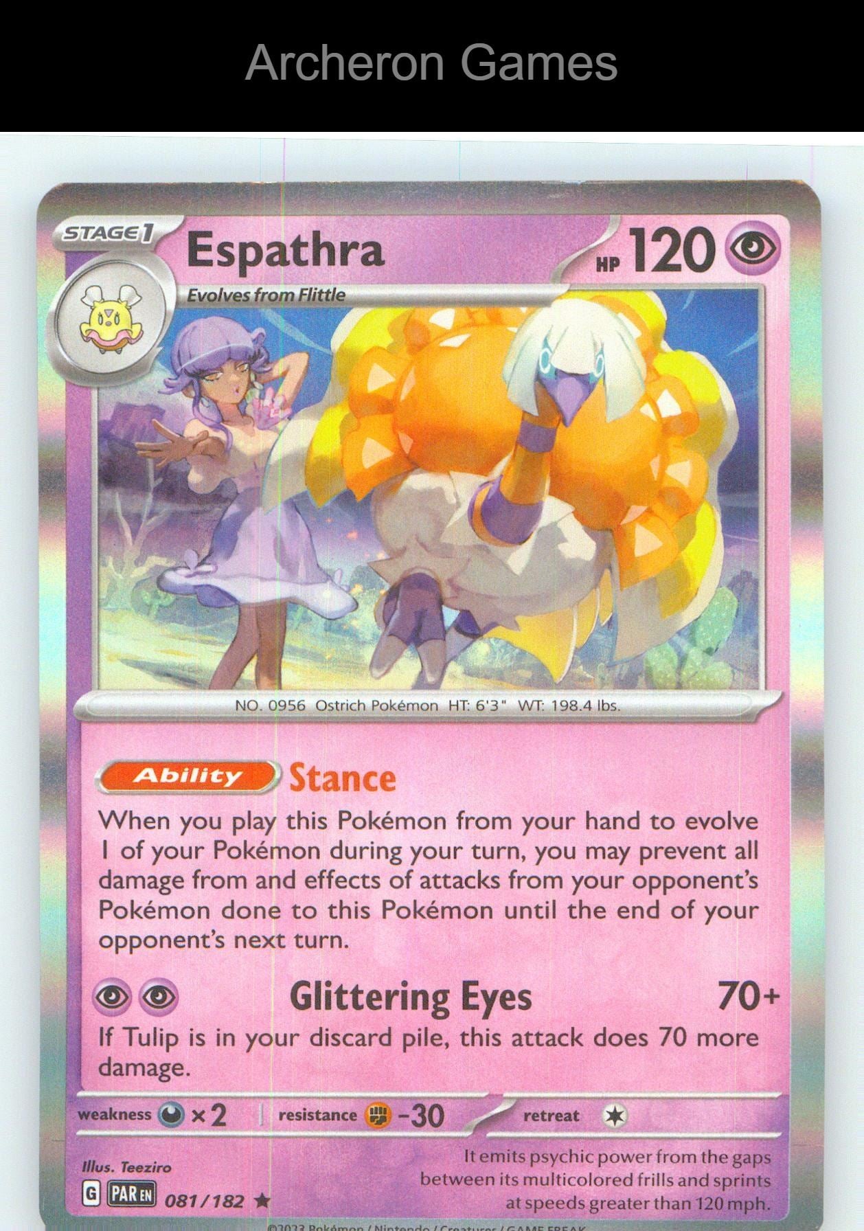 Pokemon Card Espathra PAR 081/182 R Paradox Rift Holo