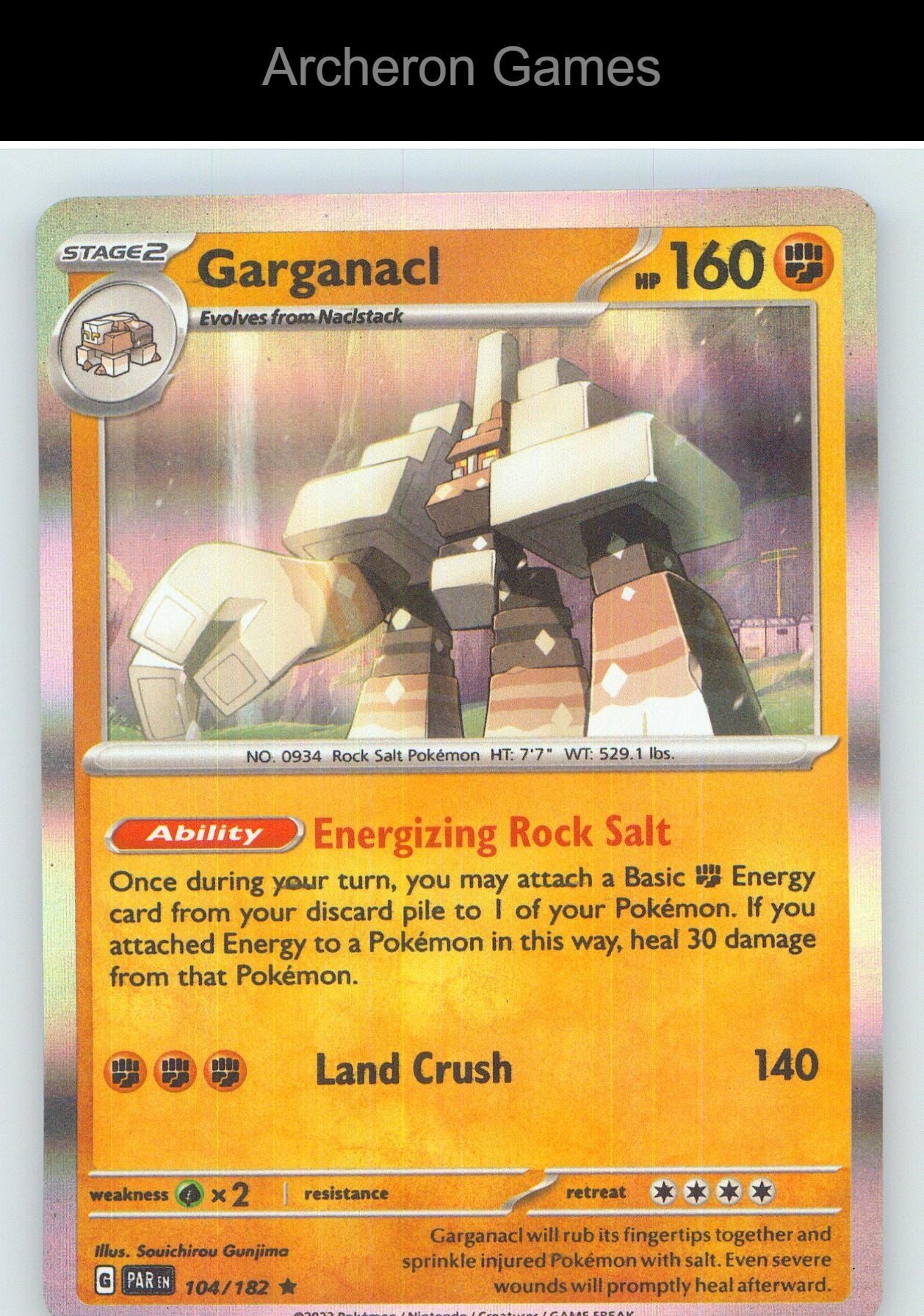 Pokemon Card Garganacl PAR 104/182 R Paradox Rift Holo