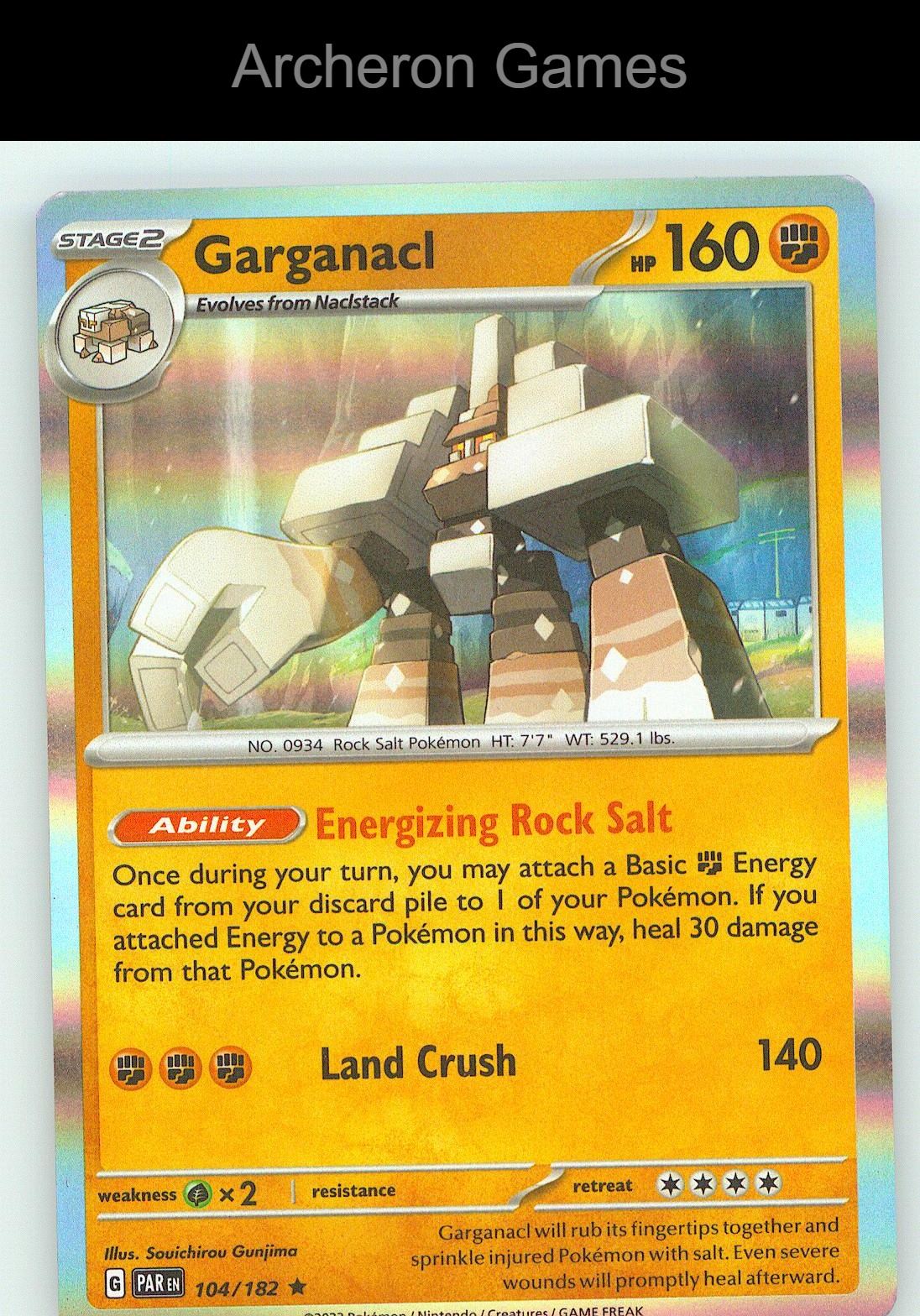 Pokemon Card Garganacl PAR 104/182 R Paradox Rift Holo