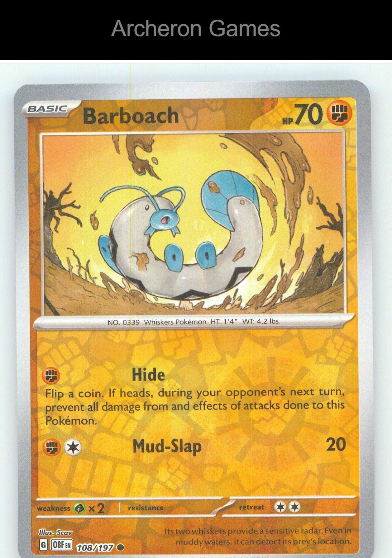 Pokemon Card Barboach OBF 108/197 C Obsidian Flames Reverse Holo
