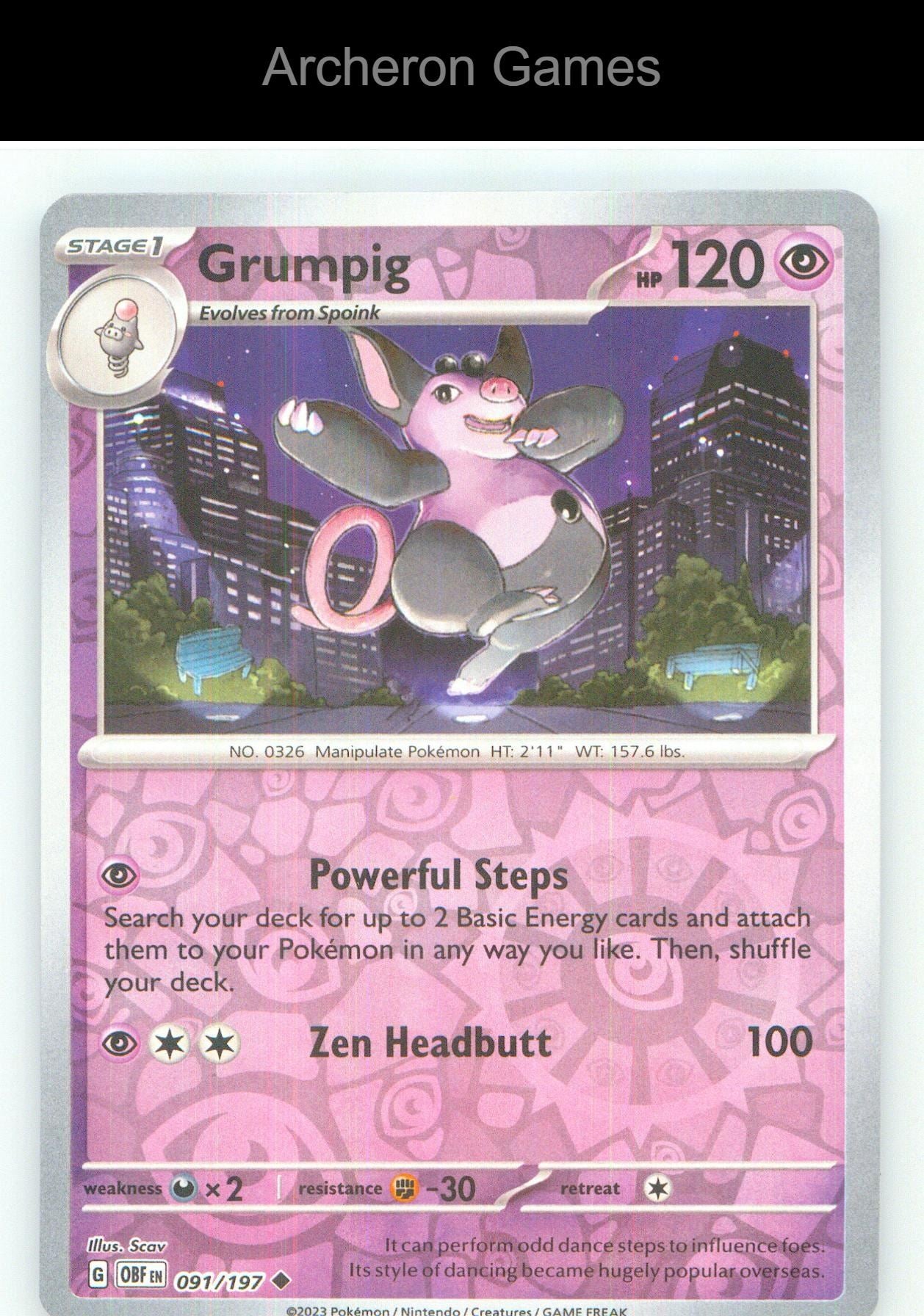 Pokemon Card Grumpig OBF 091/197 UC Obsidian Flames Reverse Holo