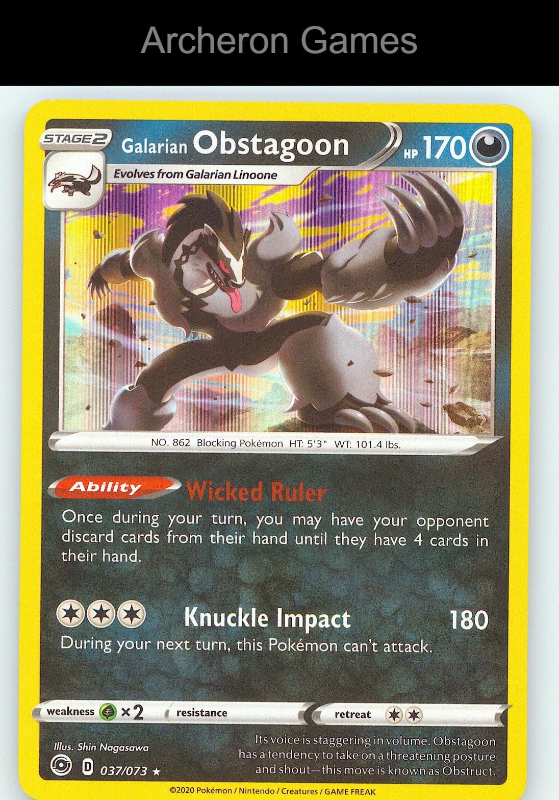 Pokemon Card Galarian Obstagoon CPA 037/073 Line Holo R Champion's Path