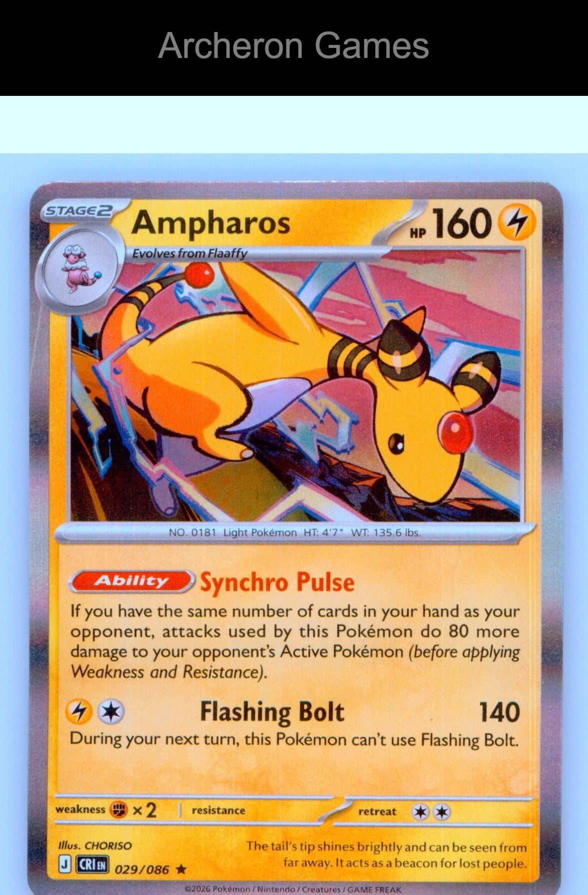 Pokemon Card Ampharos ME04 029/086 R Chaos Rising Holo