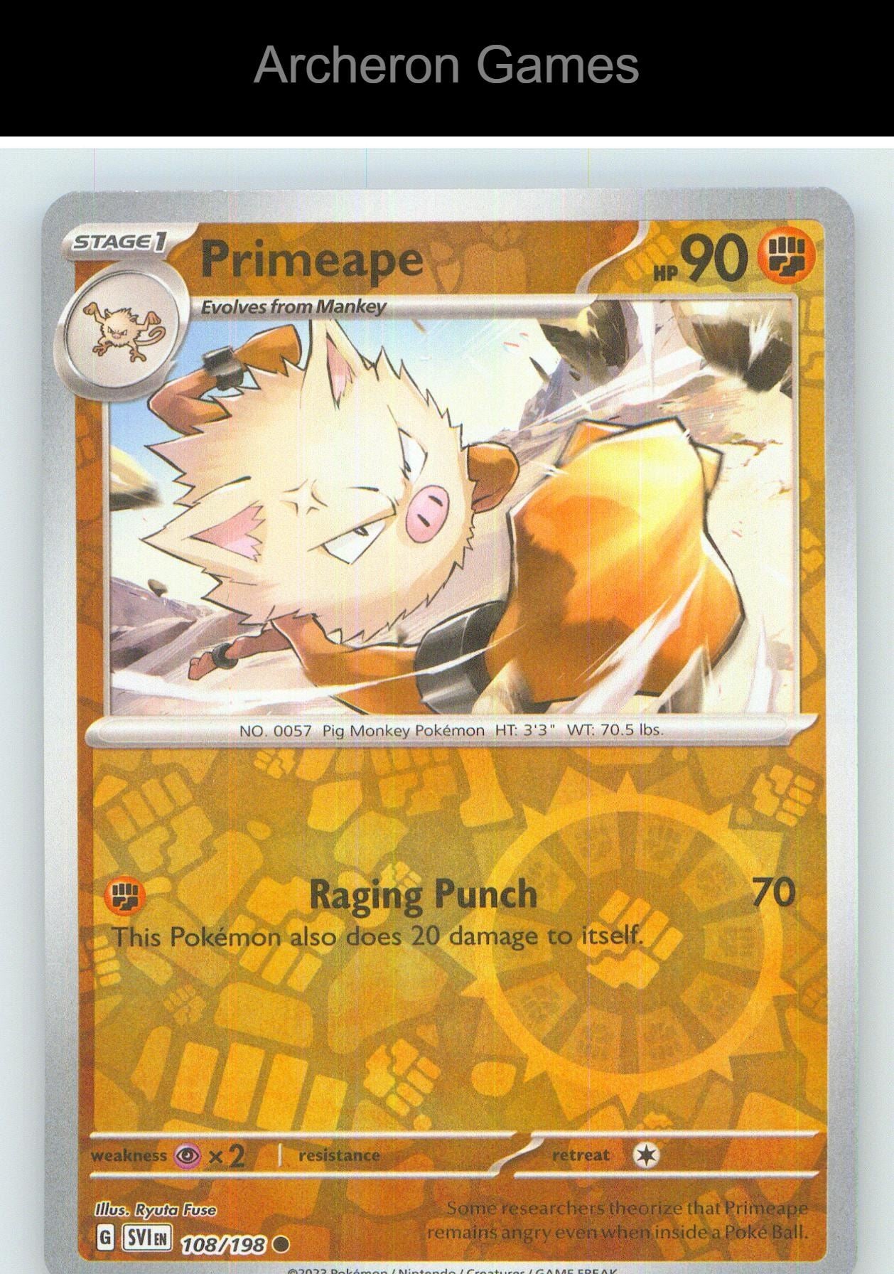 Pokemon Card Primeape SVI 108/198 C Scarlet & Violet Reverse Holo