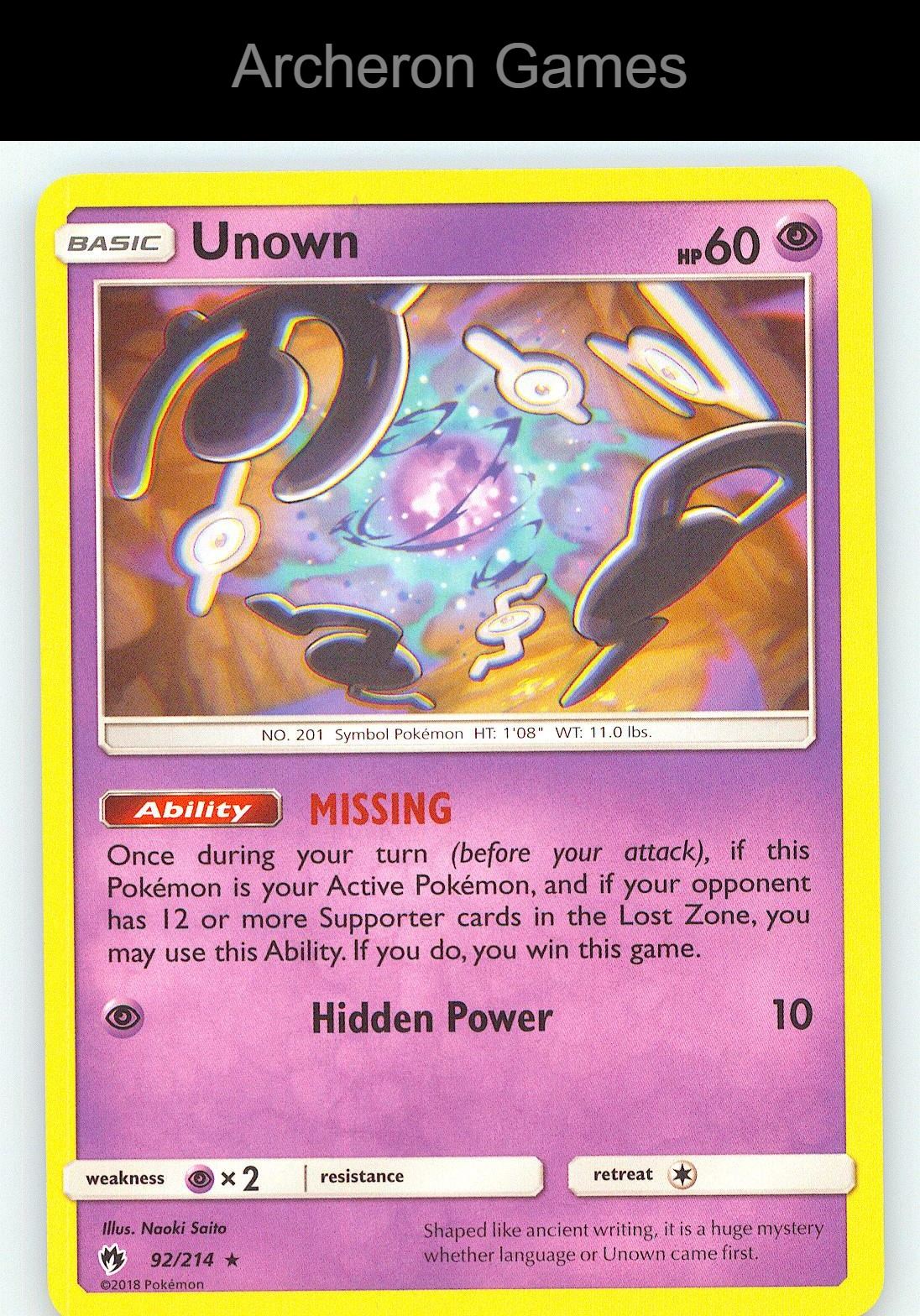 Pokemon Card Unown LOT 92/214 R Lost Thunder