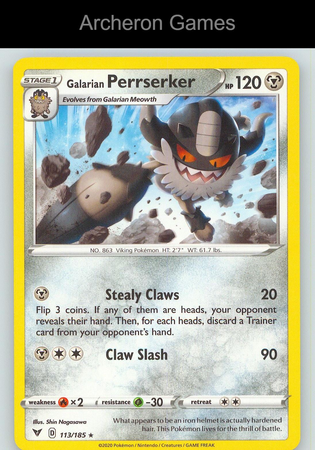Pokemon Card Galarian Perrserker VIV 113/185 R Vivid Voltage