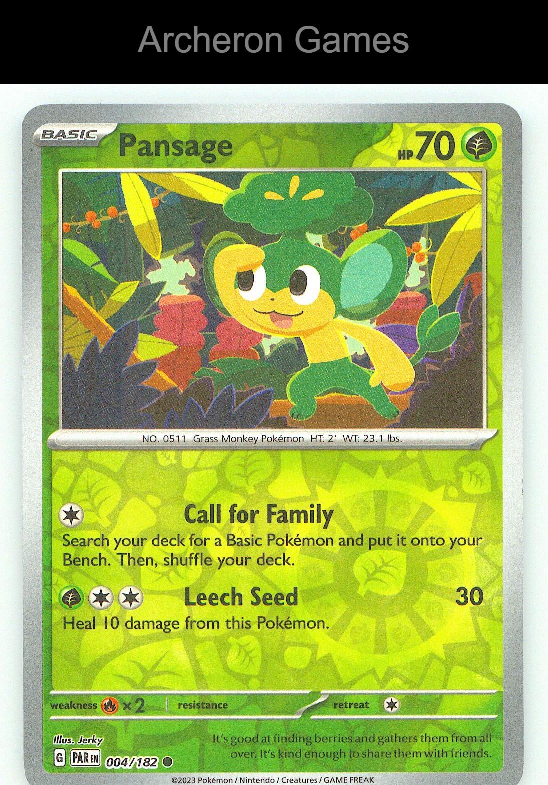 Pokemon Card Pansage PAR 004/182 C Paradox Rift Reverse Holo