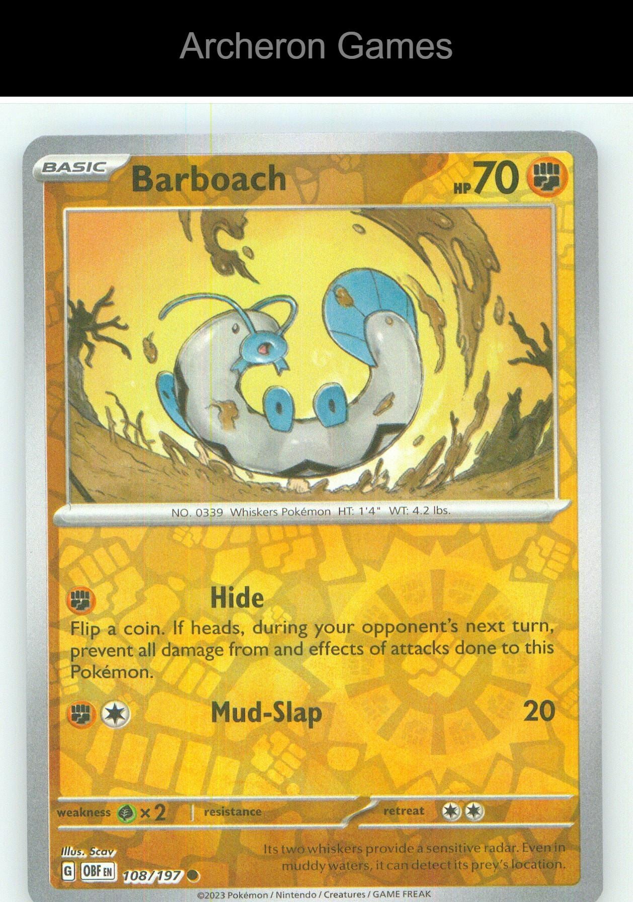 Pokemon Card Barboach OBF 108/197 C Obsidian Flames Reverse Holo