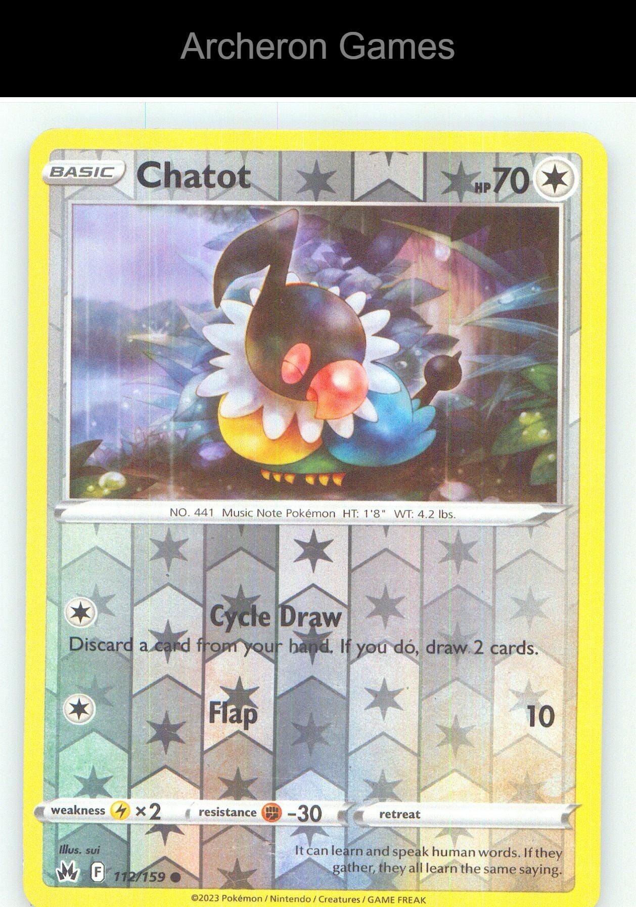 Pokemon Card Chatot CRZ 112/159 C Crown Zenith Reverse Holo