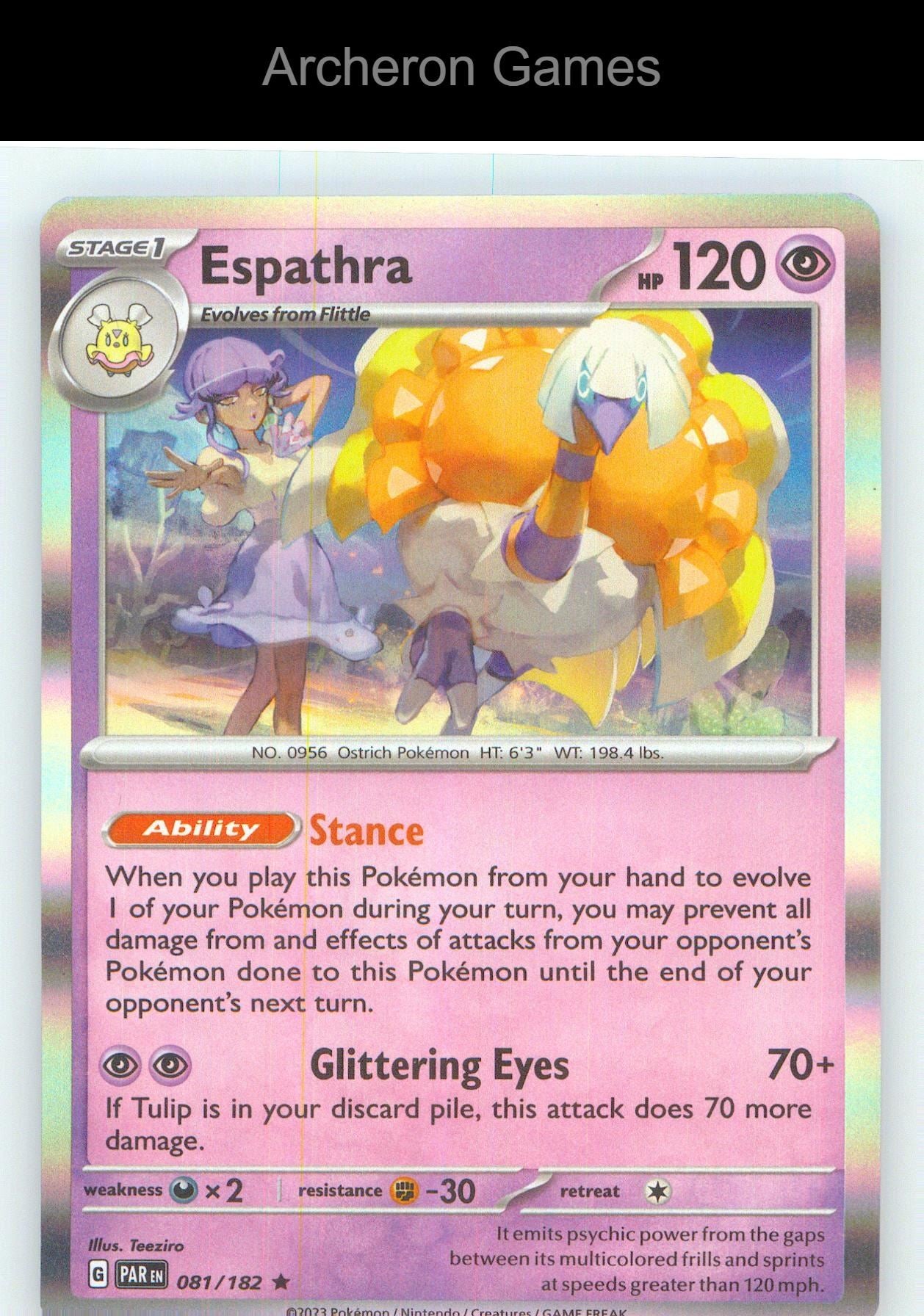 Pokemon Card Espathra PAR 081/182 R Paradox Rift Holo