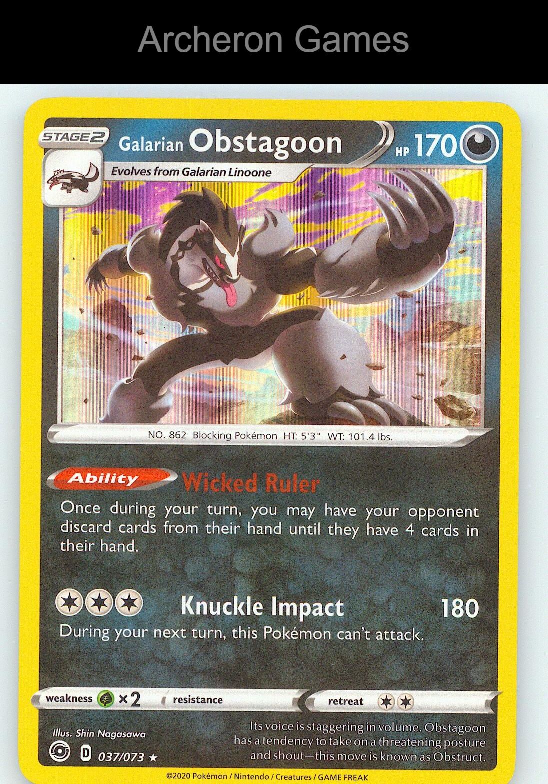 Pokemon Card Galarian Obstagoon CPA 037/073 Line Holo R Champion's Path