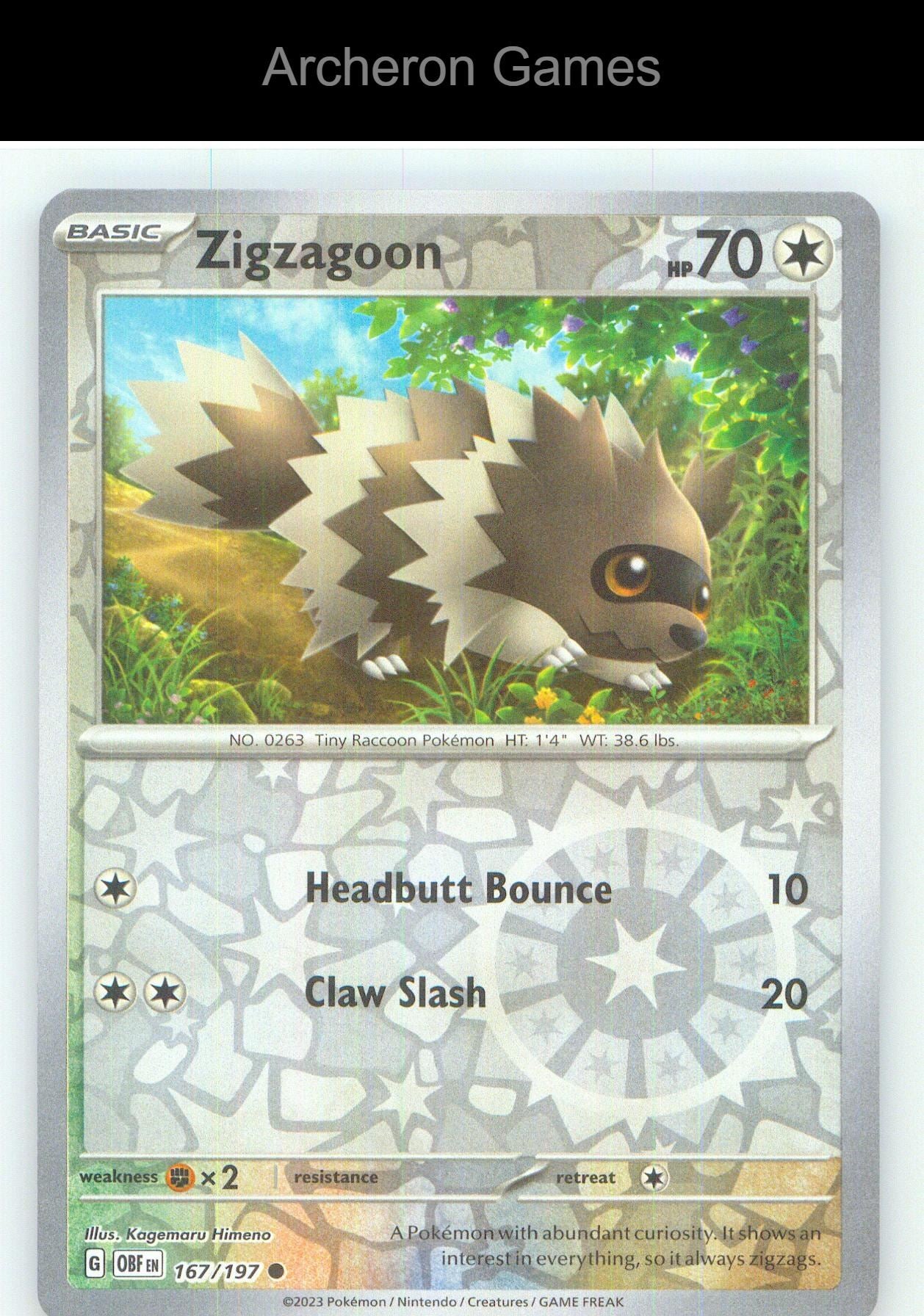 Pokemon Card Zigzagoon OBF 167/197 C Obsidian Flames Reverse Holo