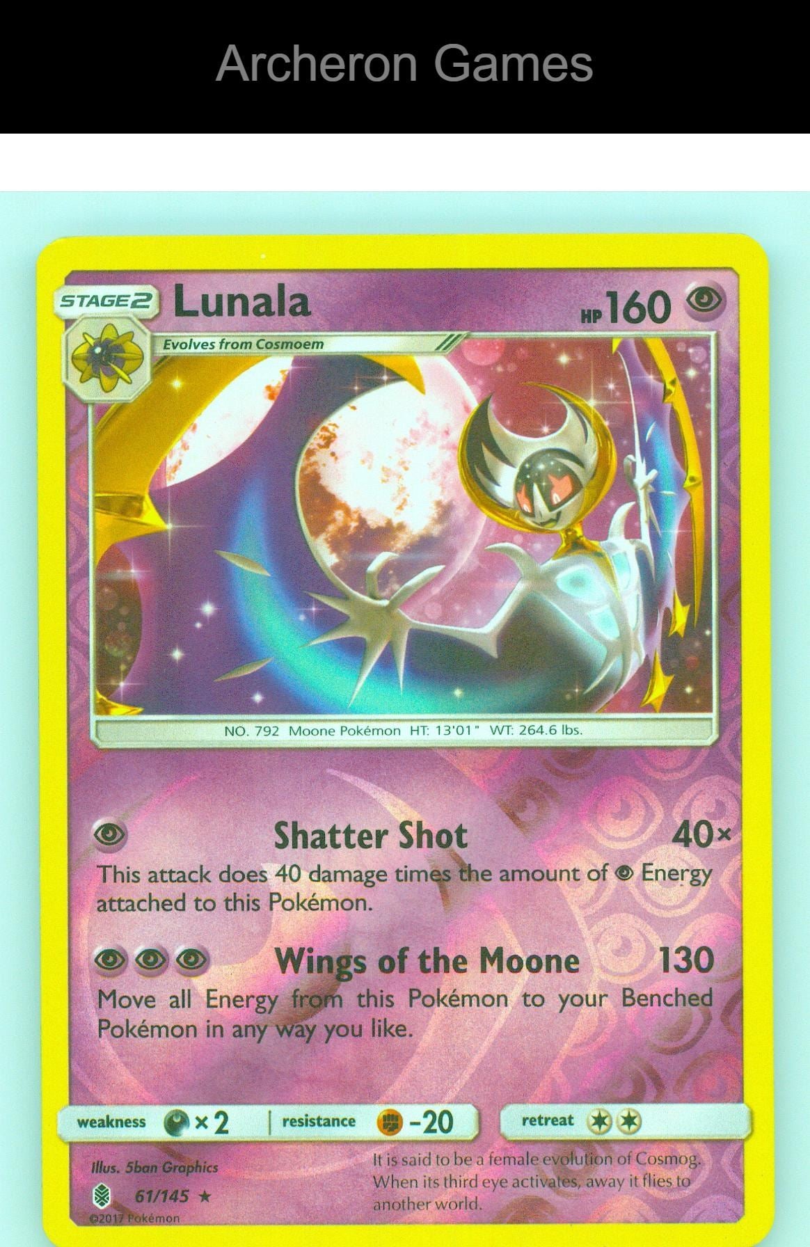 Pokemon Card Lunala SM02 61/145 R Guardians Rising Reverse Holo
