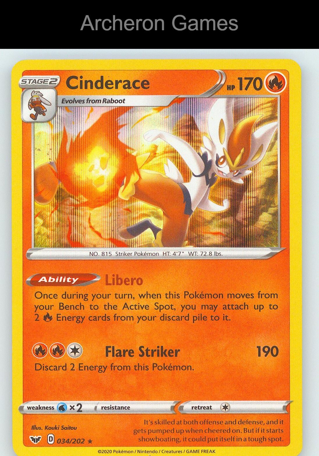 Pokemon Card Cinderace SSH 034/202 Line Holo R Sword & Shield