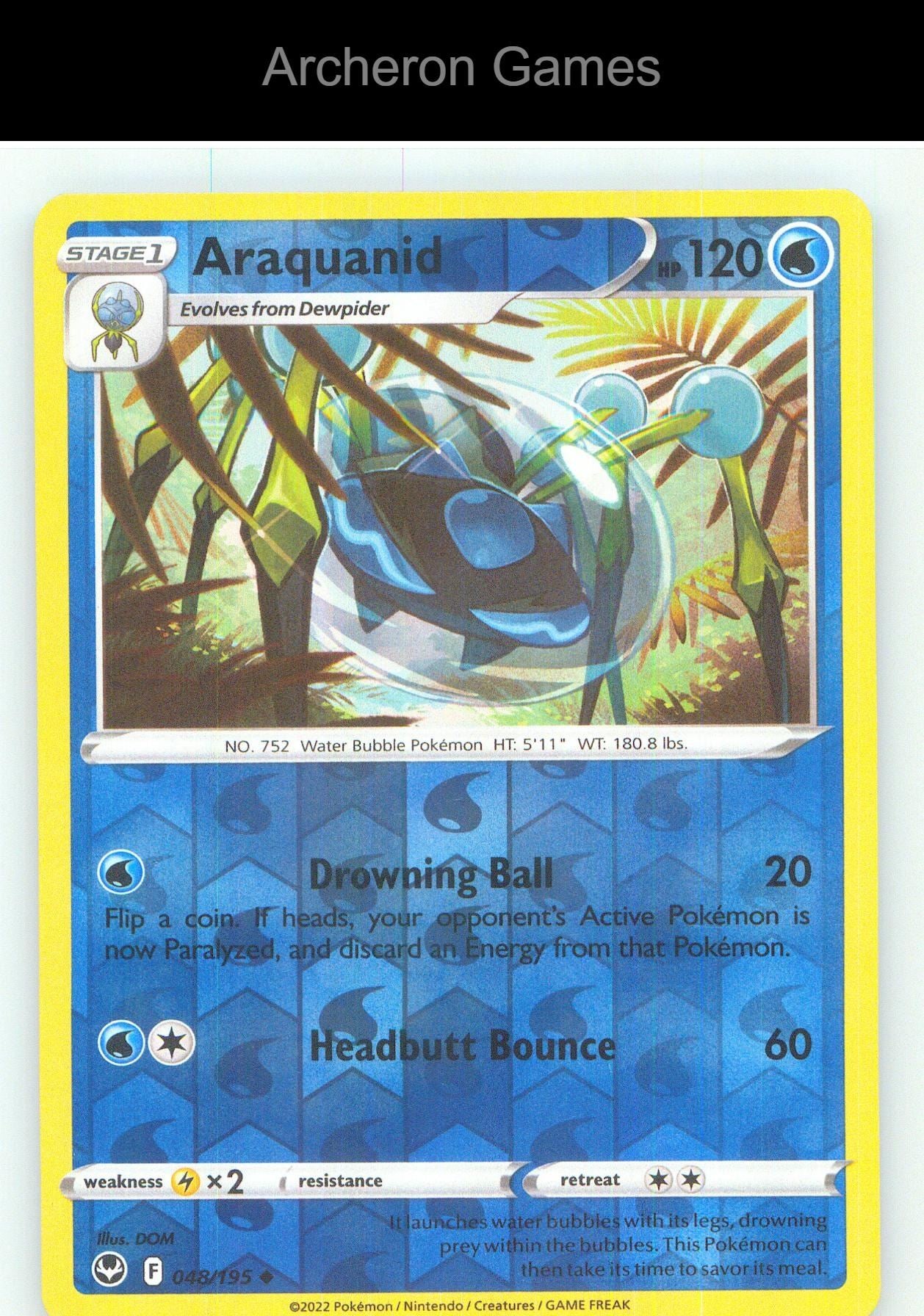 Pokemon Card Araquanid SIT 048/195 UC Silver Tempest Reverse Holo