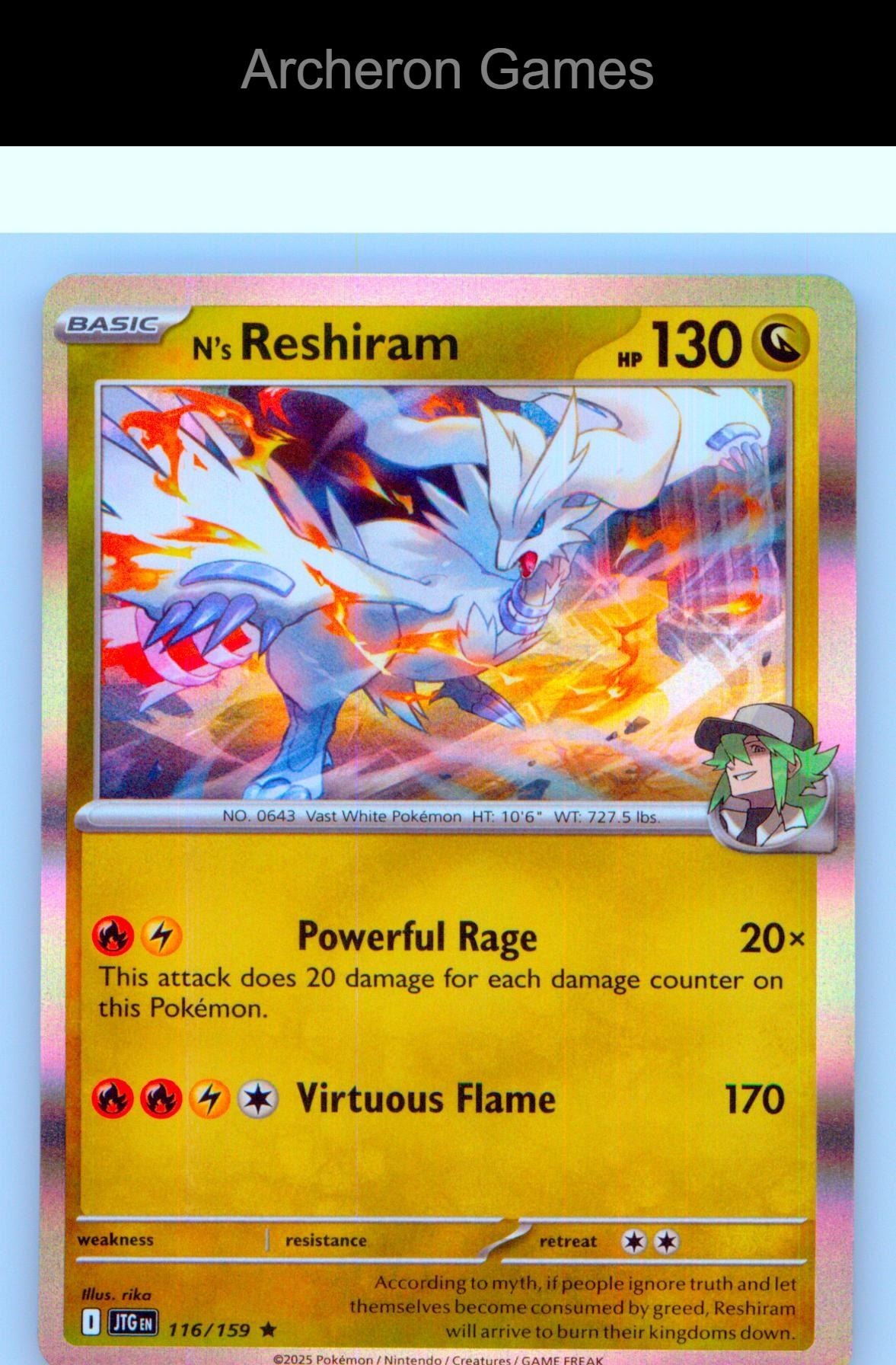 Pokemon Card N's Reshiram JTG 116/159 R Journey Together Holo