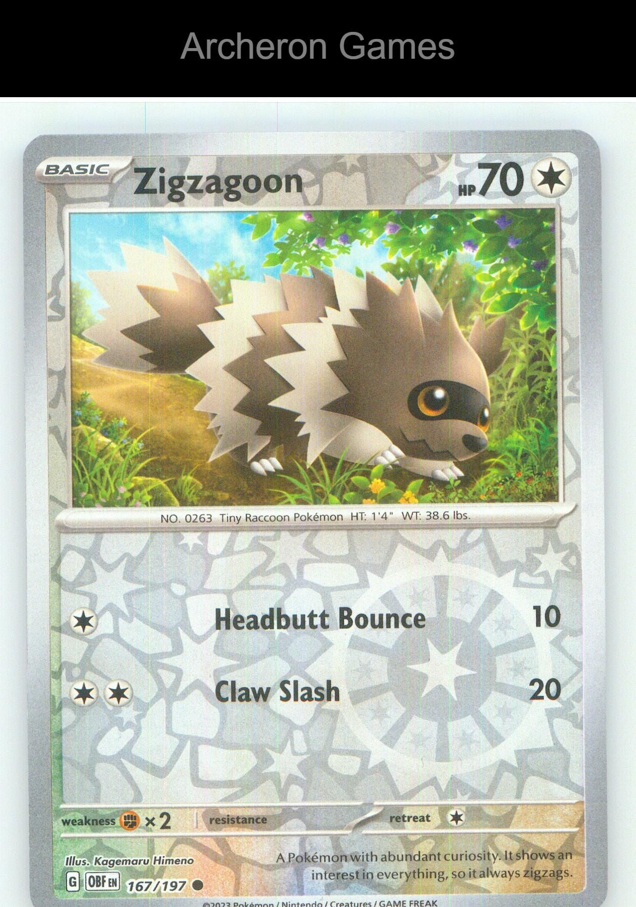 Pokemon Card Zigzagoon OBF 167/197 C Obsidian Flames Reverse Holo