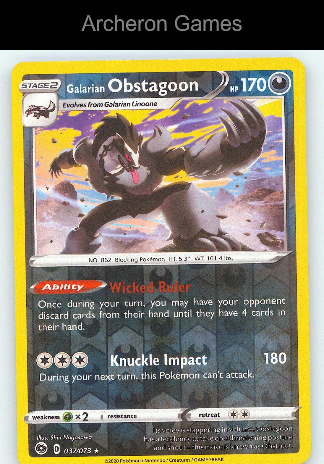 Pokemon Card Galarian Obstagoon CPA 037/073 R Champion's Path Reverse Holo